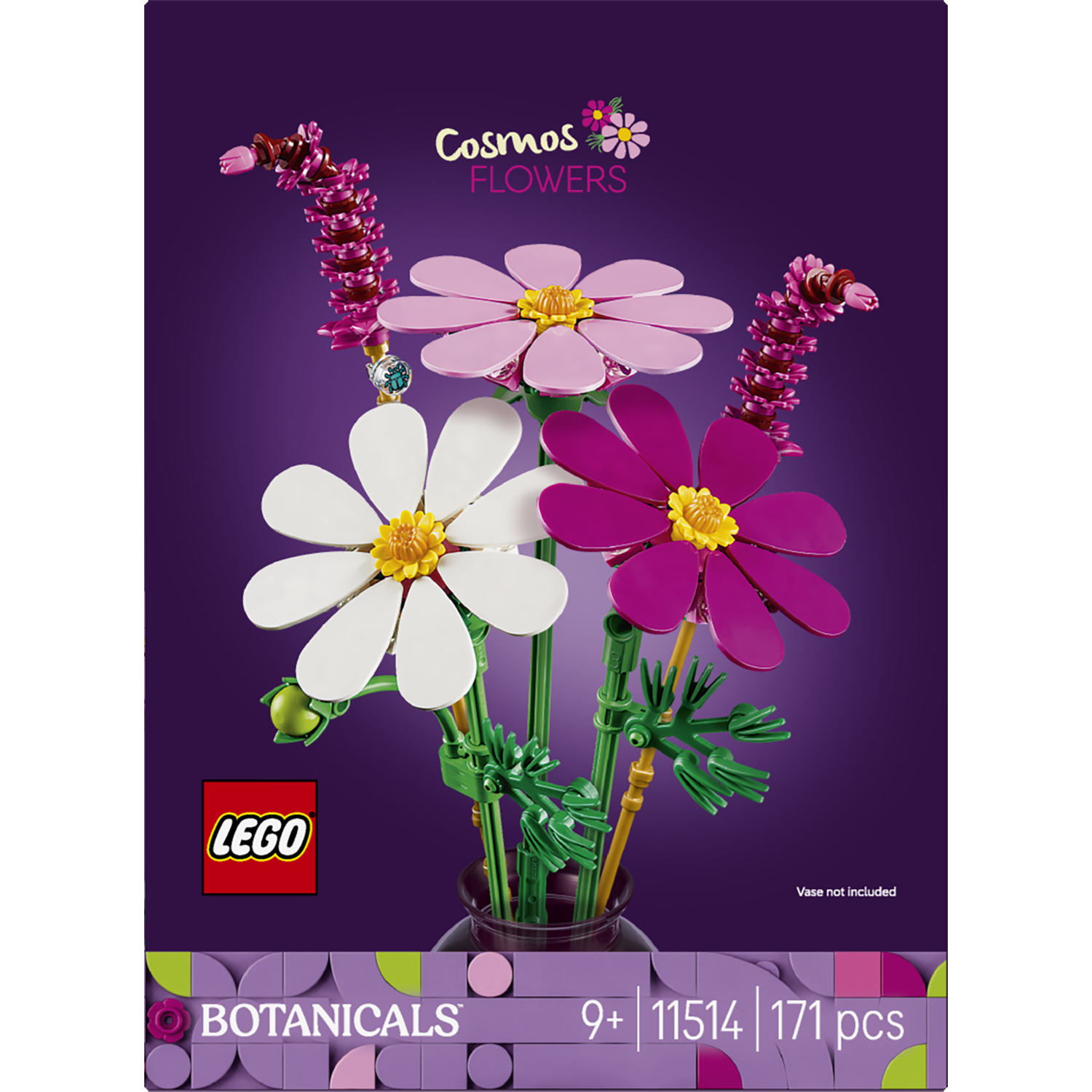 Lego flower set with white, pink, and purple blooms on a purple background.