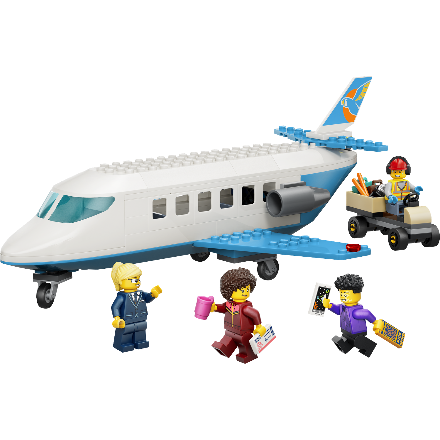 A Lego airplane with four figures and a luggage cart.