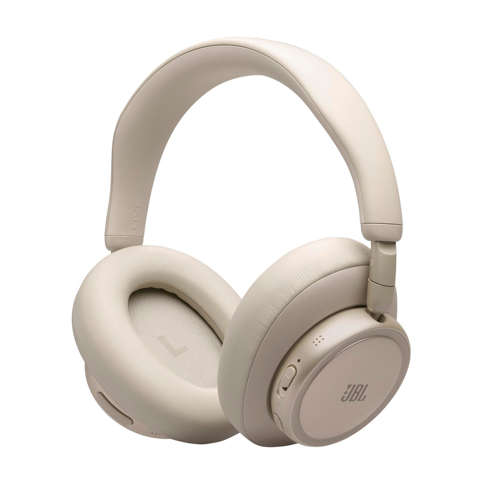 Beige JBL Kopfhörer mit gepolstertem Kopfbügel und Ohrpolstern.