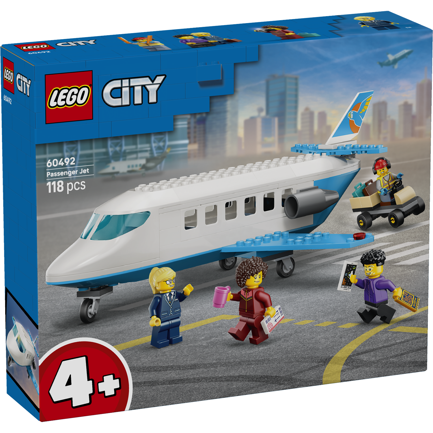 Lego City passenger jet set with figures and luggage cart on an airport tarmac.