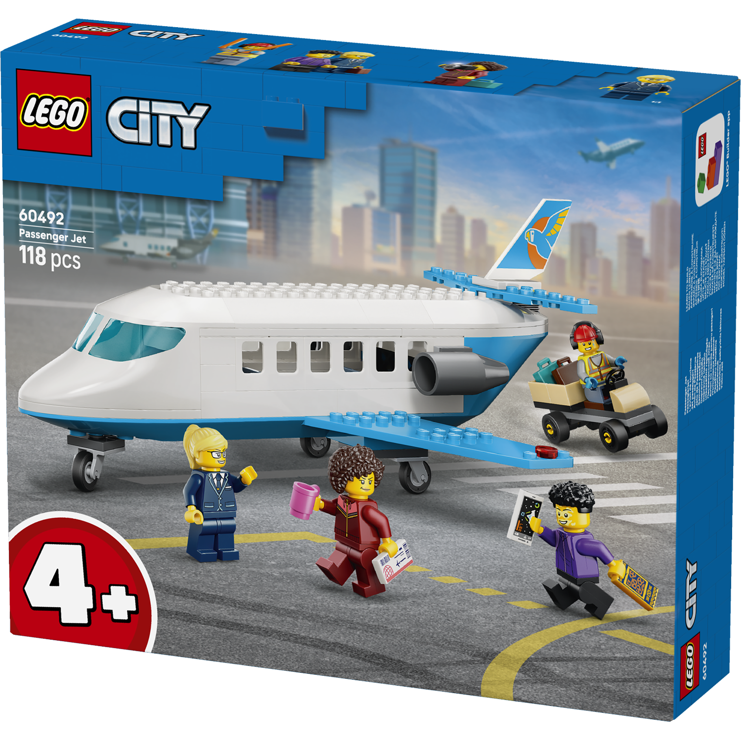 LEGO City Passenger Jet box shows airplane, minifigures, luggage cart, and airport background.