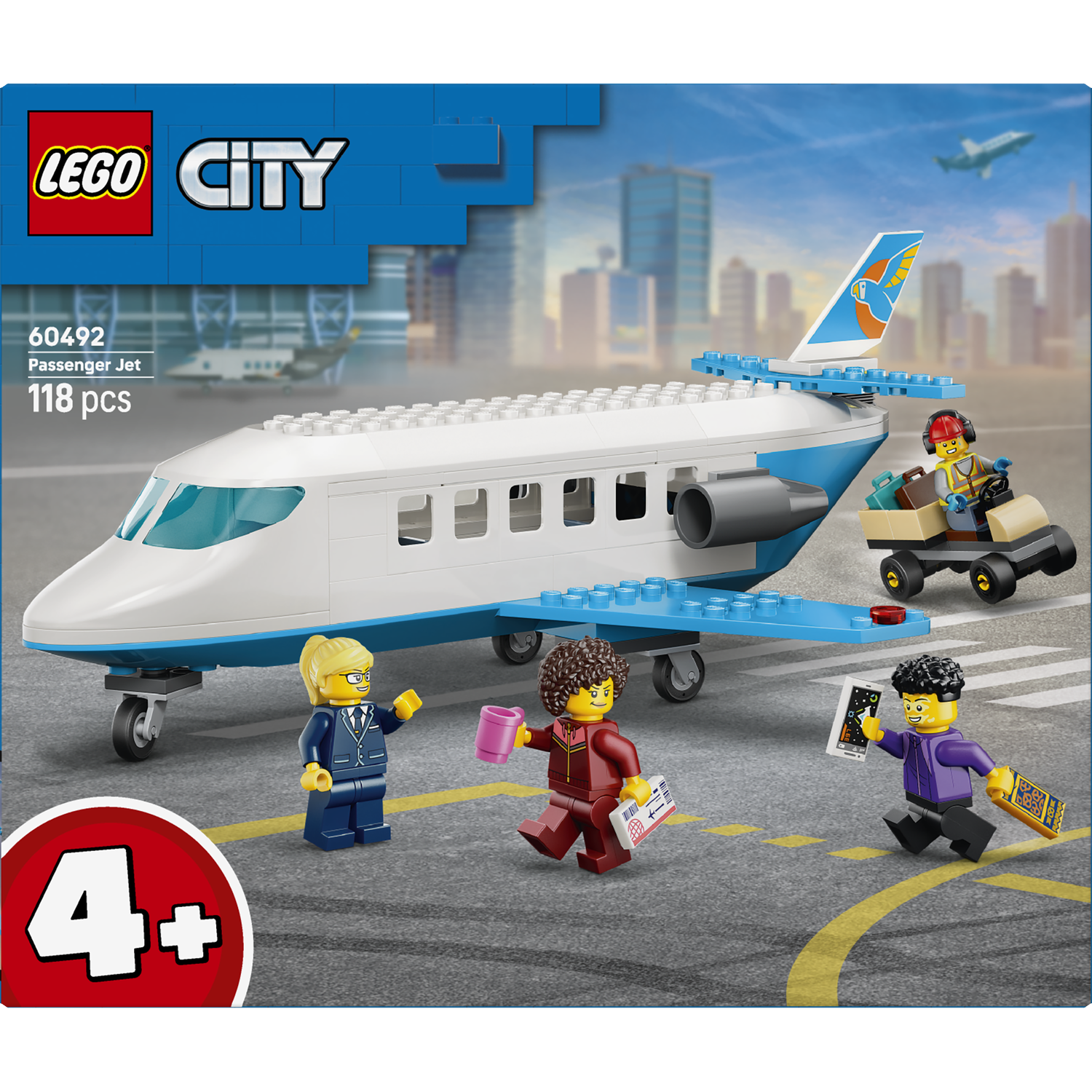 Lego passenger jet with figures at airport, suitable for ages 4+