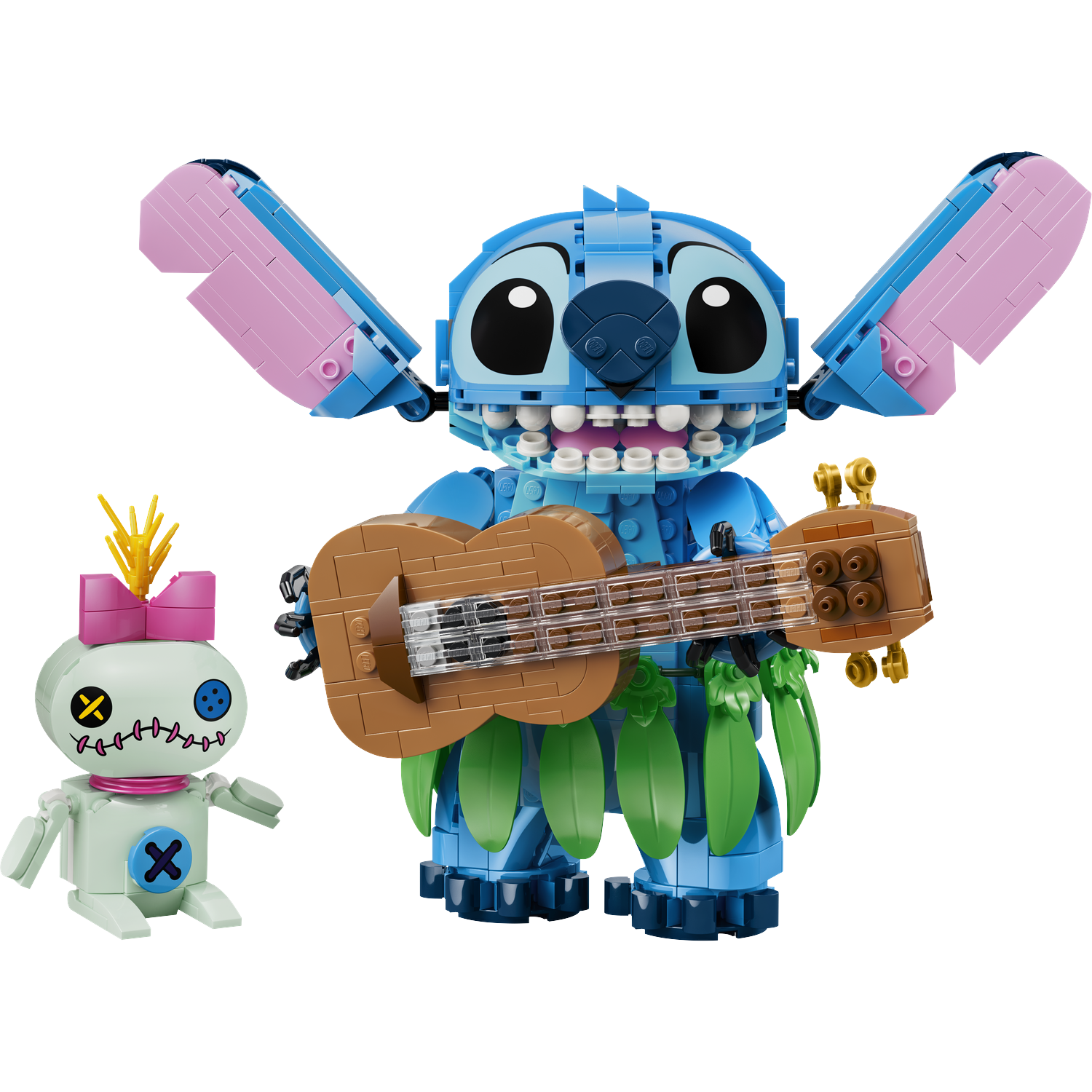 Blauwe Stitch LEGO figuur speelt ukelele. Klein poppetje met roze strik zit links.