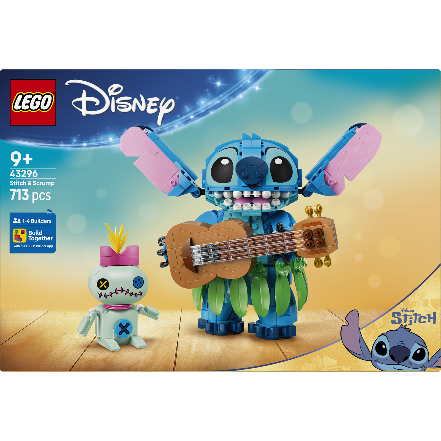 LEGO set van Stitch en Scrump met ukelele en pop op houten achtergrond.