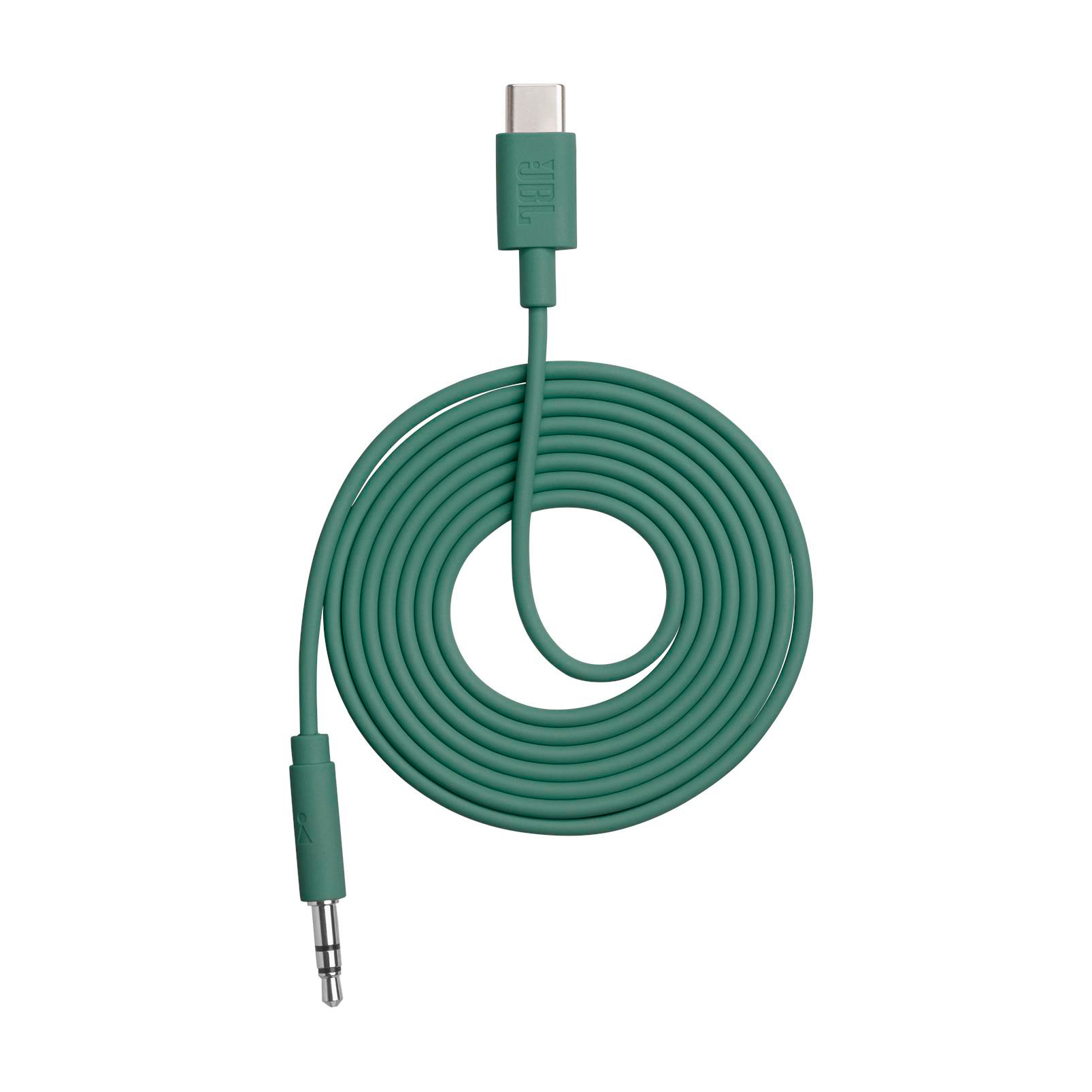 Ein grünes JBL-Kabel mit USB-C und 3,5-mm-Anschluss, aufgerollt.