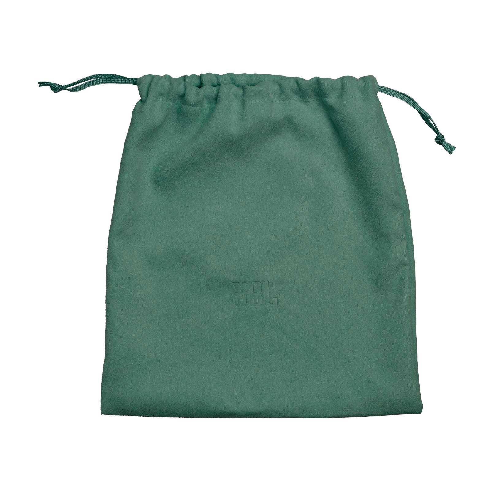 Grüne Stofftasche mit Kordelzug und geprägtem JBL-Logo.