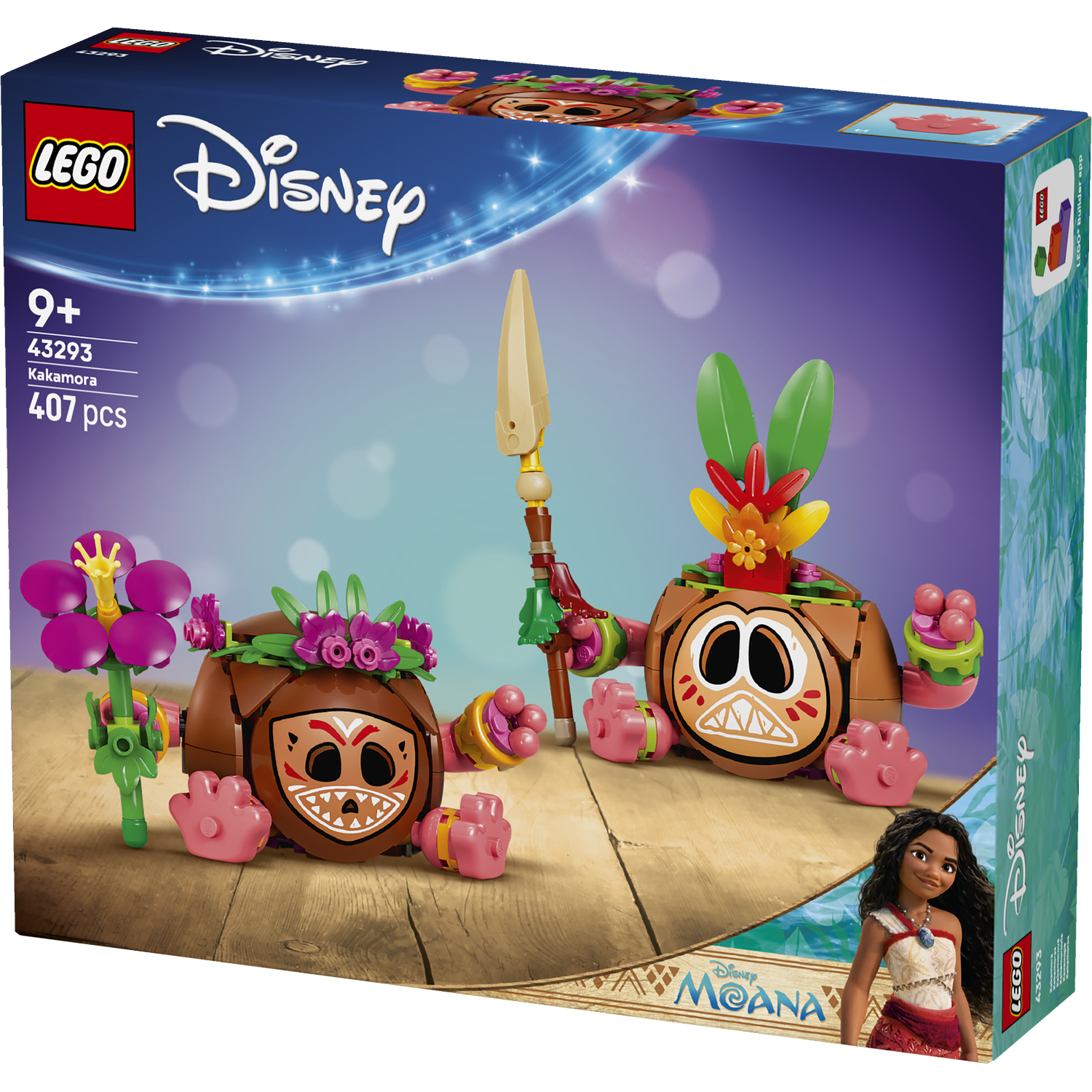 LEGO Disney Moana Kakamora set met twee figuren, speer, bloem op houten achtergrond.