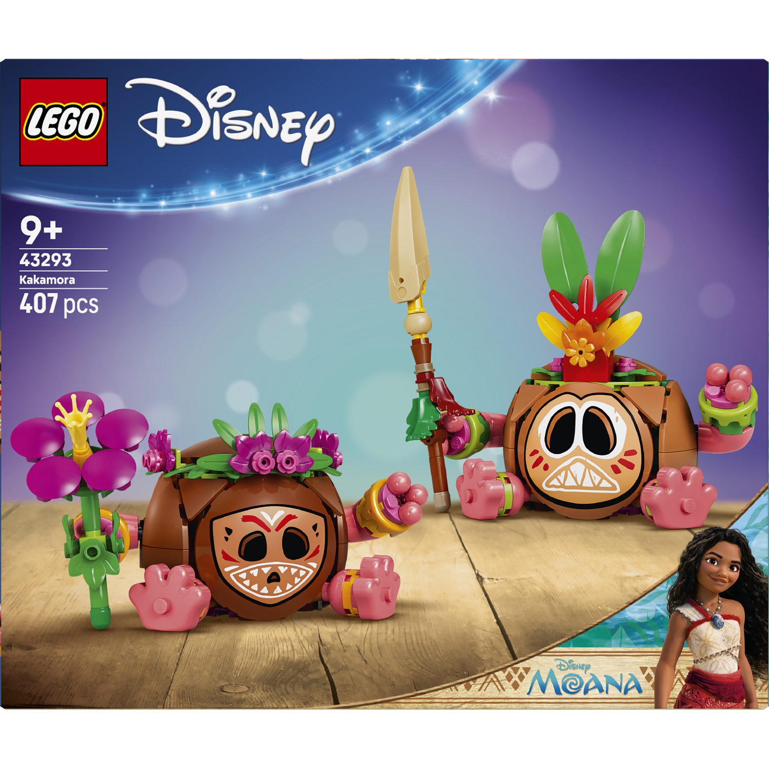 LEGO Disney Kakamora set met twee kokosfiguurtjes, één met bloem, één met speer.