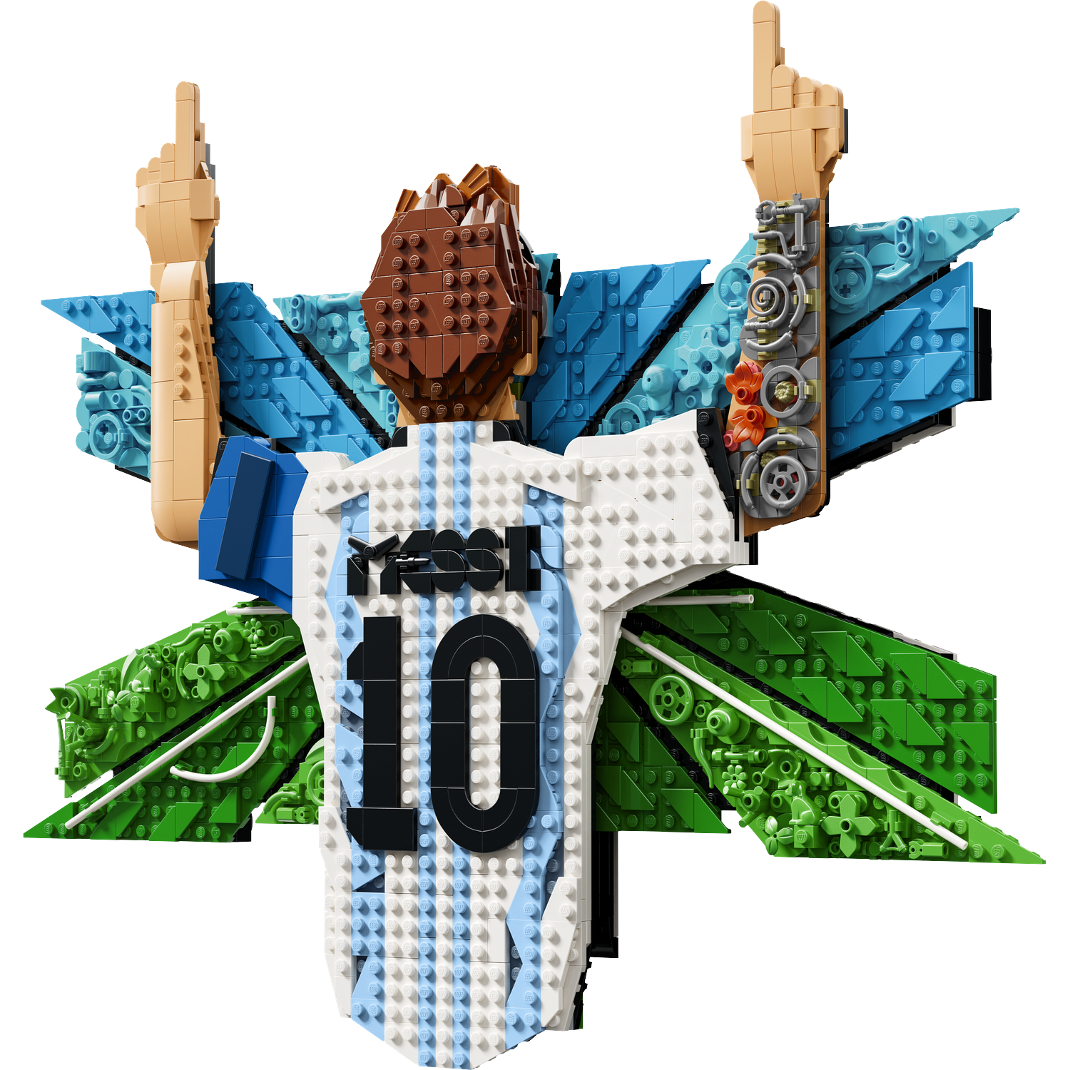 Lego Messi figuur in shirt 10, met blauwe en groene decoratieve elementen.