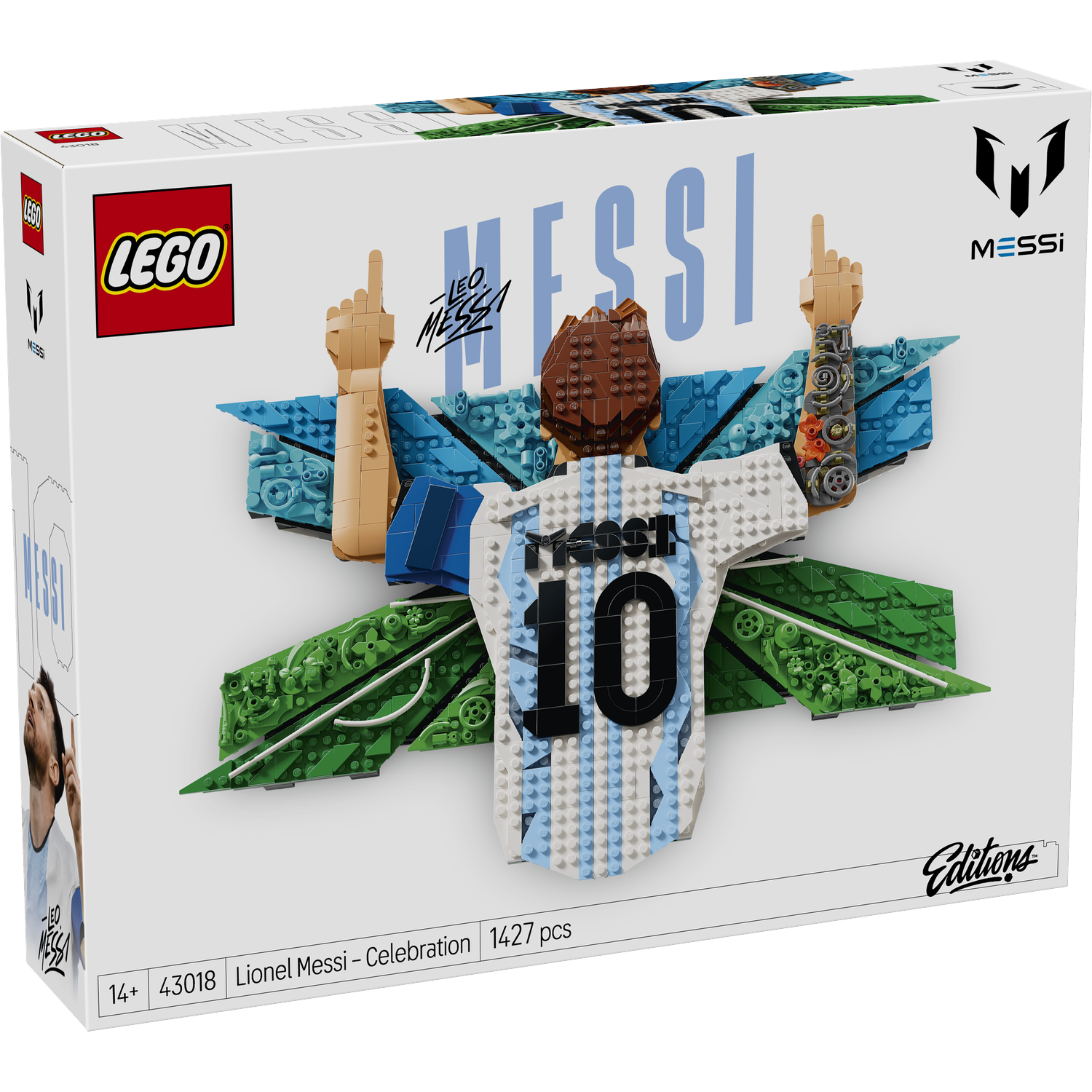 LEGO-doos met een Messi-vieringsbouw: shirt, armen en groene elementen.