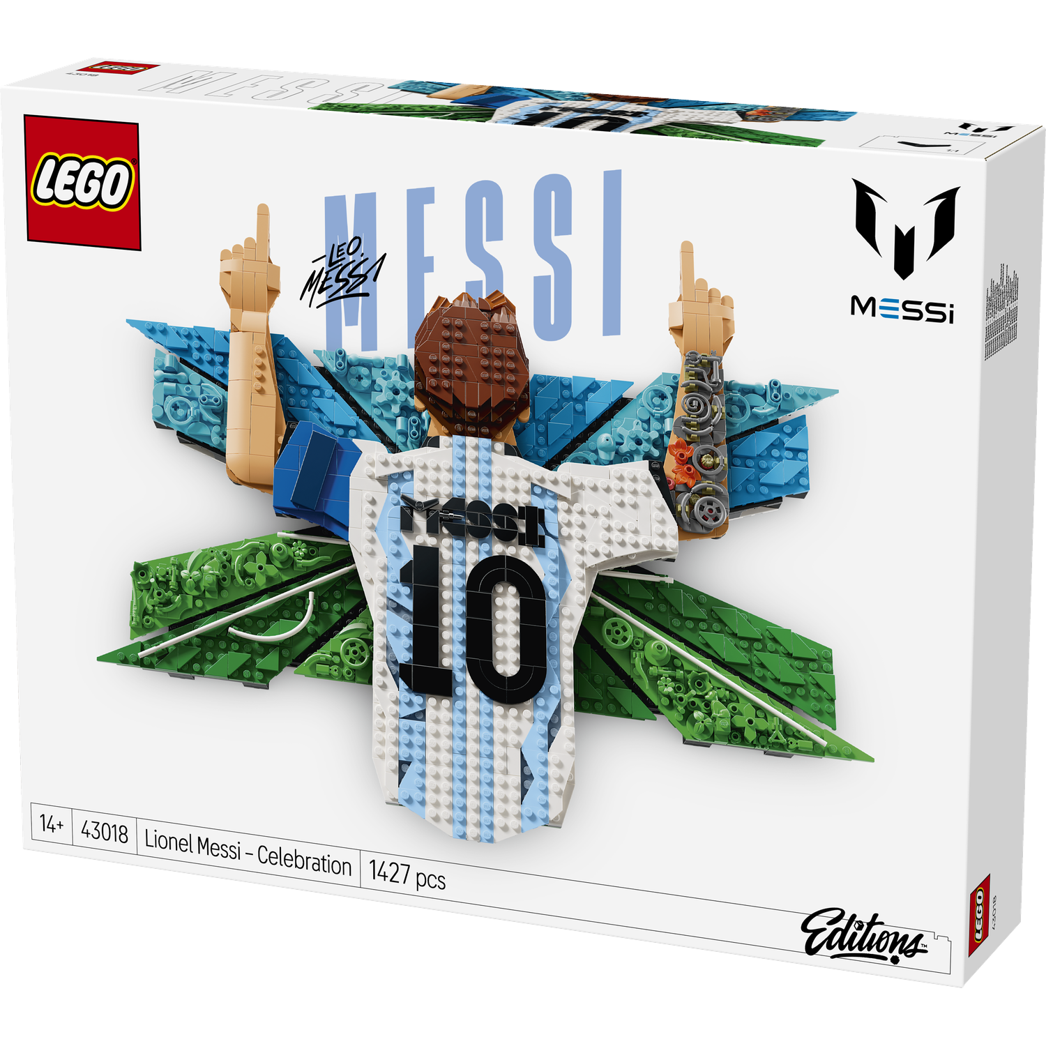 LEGO-doos met een Lionel Messi-shirt en handen die naar 10 wijzen.