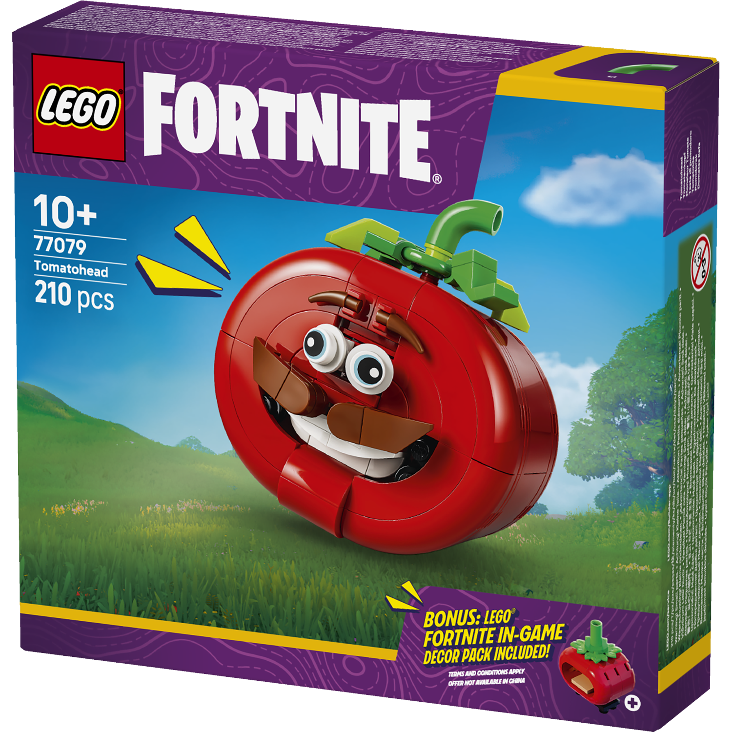 LEGO Fortnite Tomatohead doos met rode tomatenkop-figuur en groene aardbei.