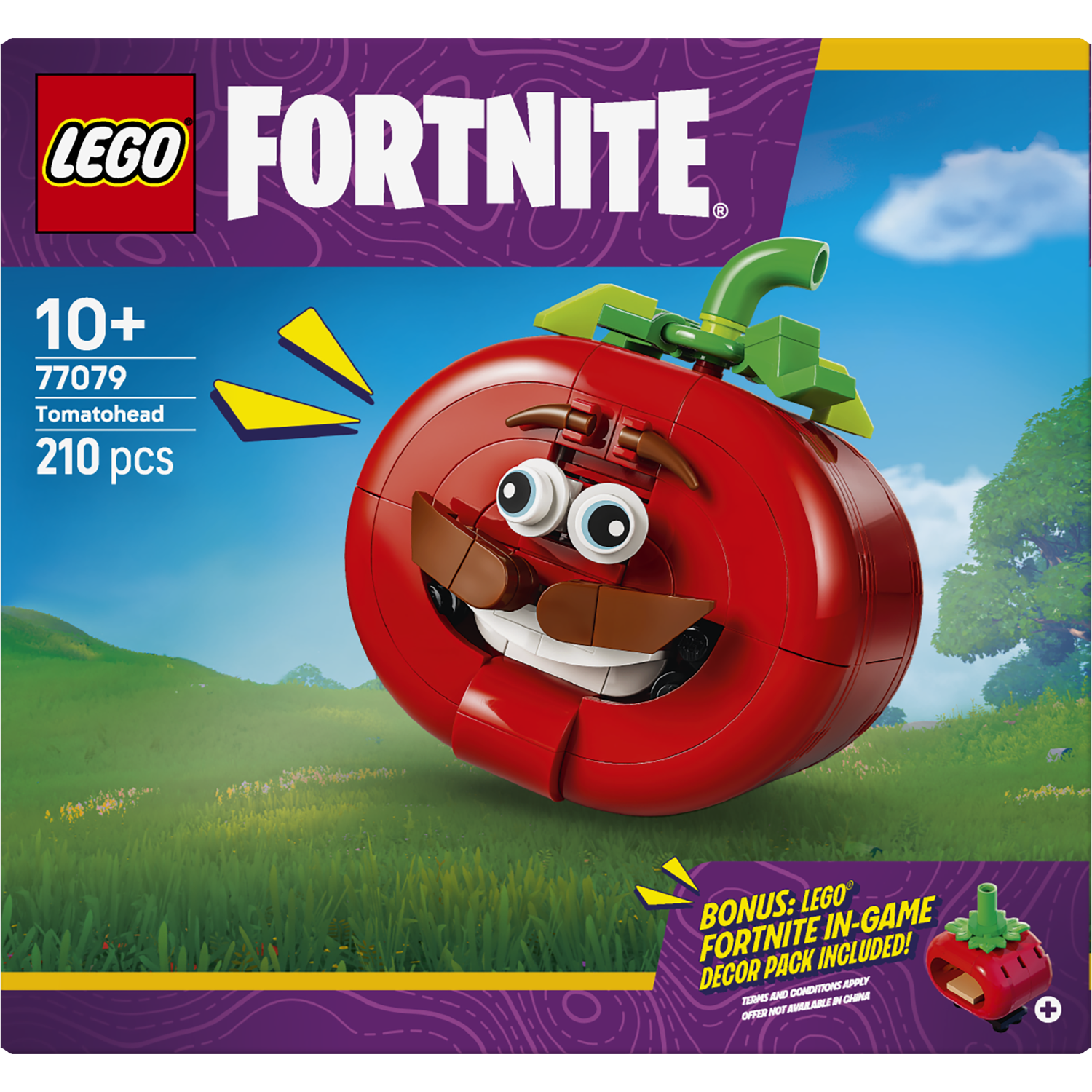LEGO Fortnite Tomatohead-set met een grappig tomatenkop-personage op de voorgrond.