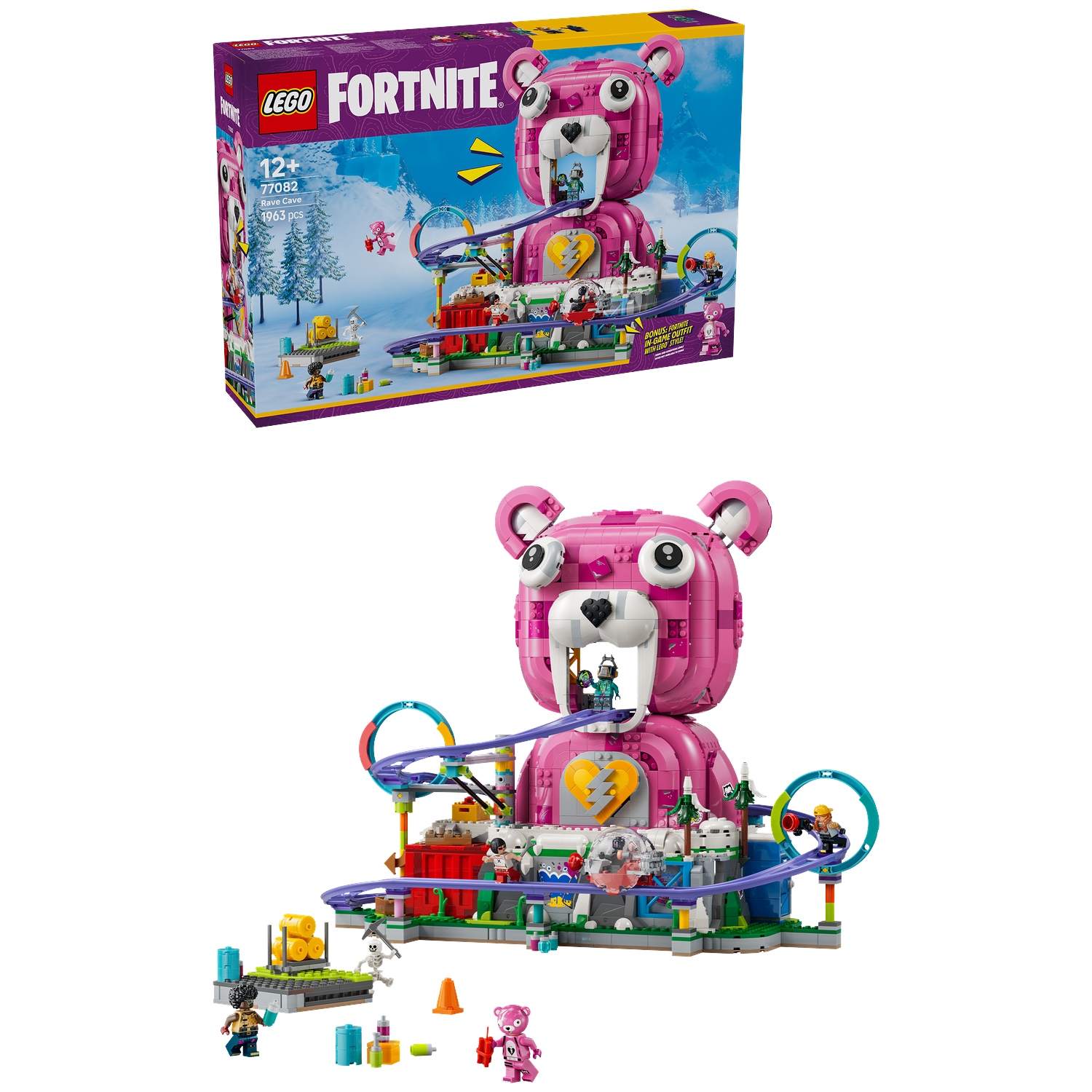 LEGO Fortnite Rave Cave set met roze beer, achtbaan en minifiguren.