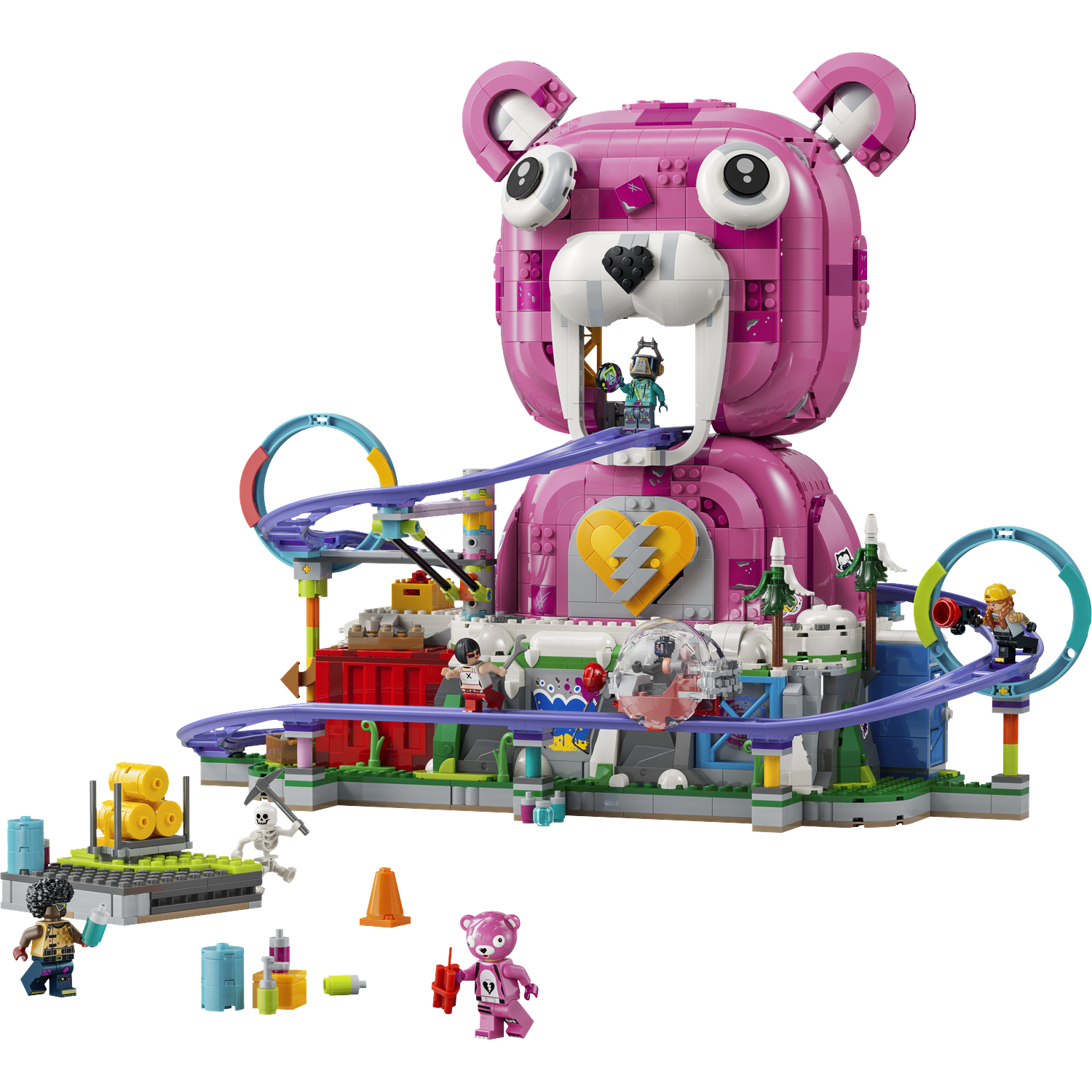 Een roze Lego beren achtbaan speelset met figuren en vaten.