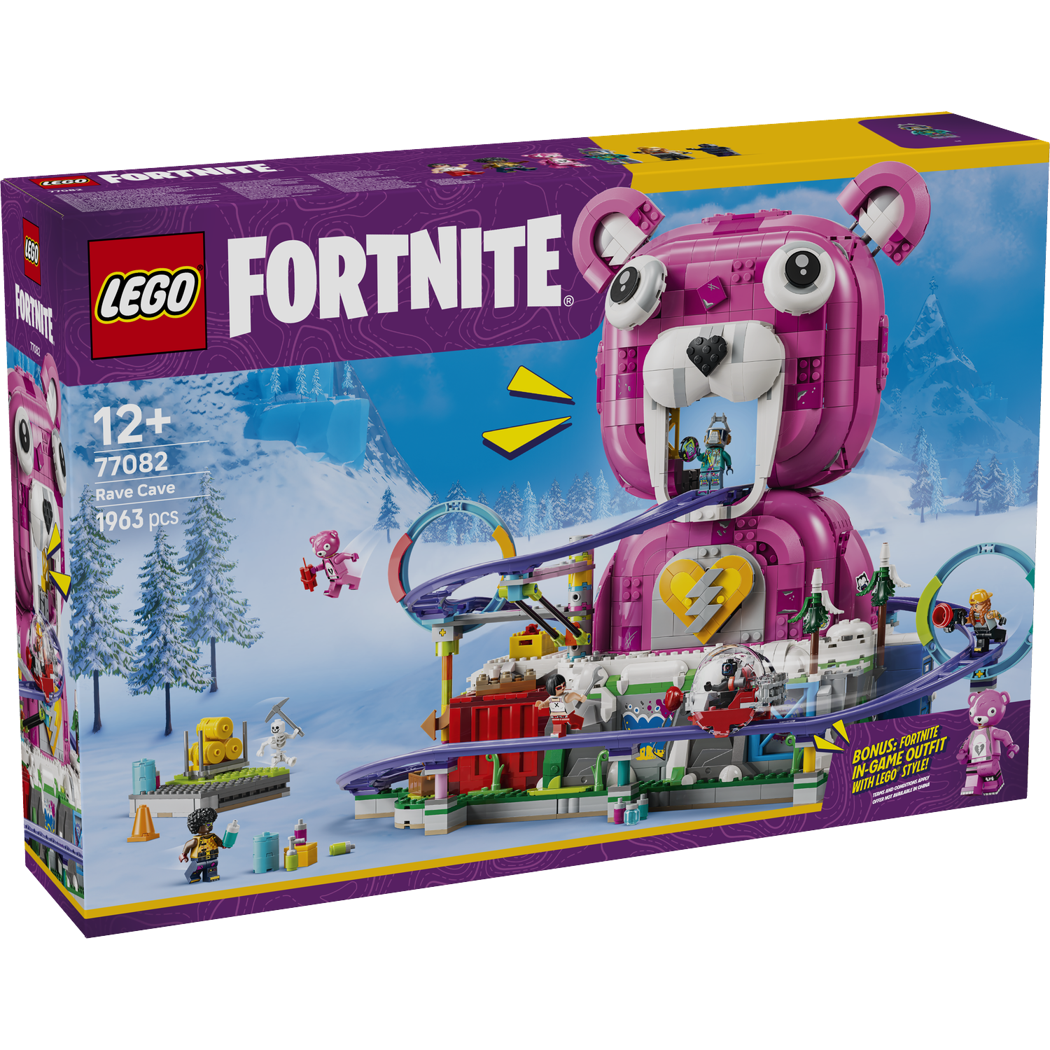 Lego Fortnite Rave Cave speelset met roze berenstructuur, achtbaan en figuren.