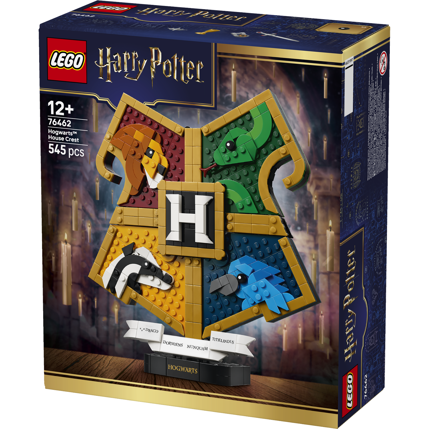 LEGO Harry Potter Zwadan Huiswapen set met vier wapens en de tekst Zweinstein.