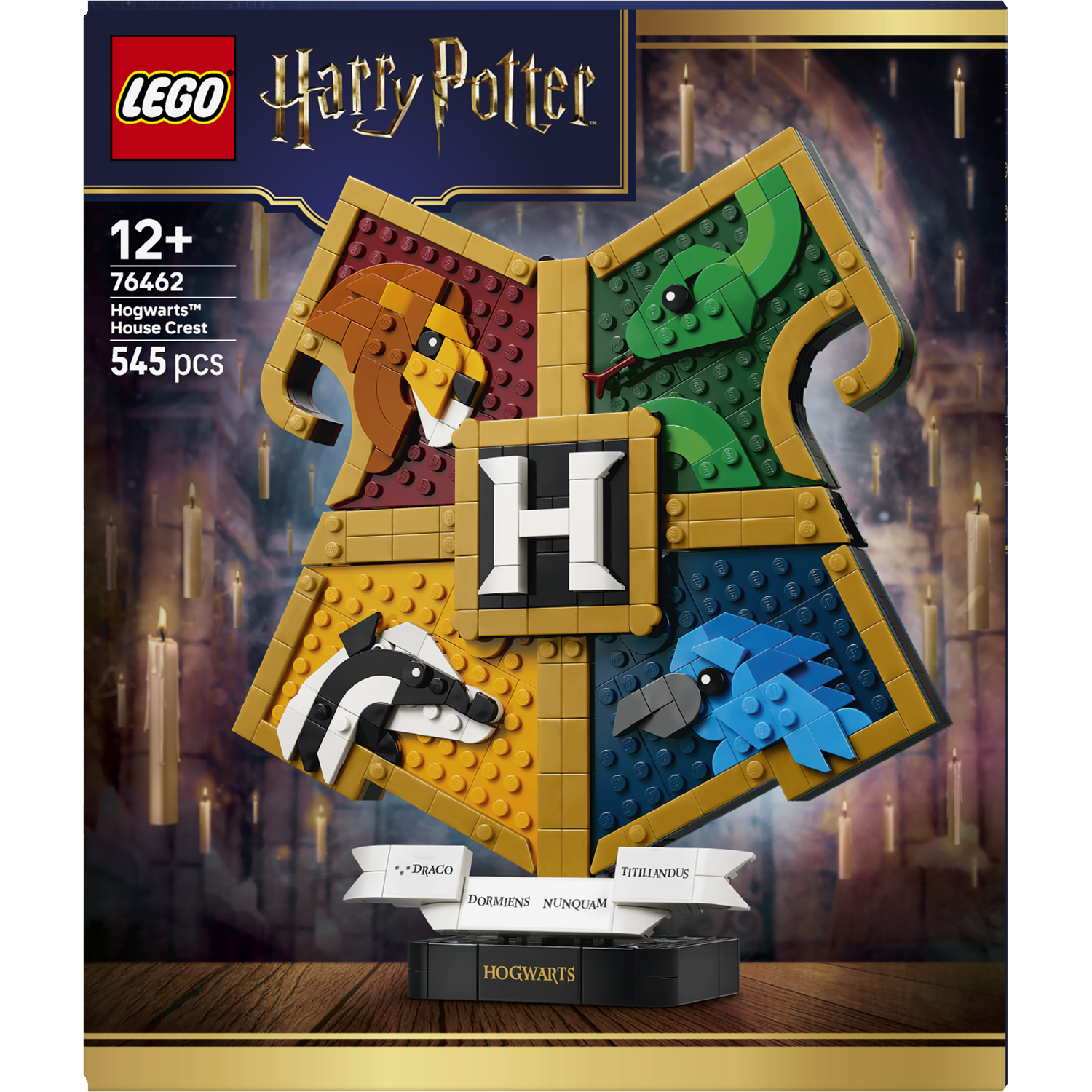 LEGO Harry Potter Zweinstein Huiswapen met leeuw, slang, das en raaf.