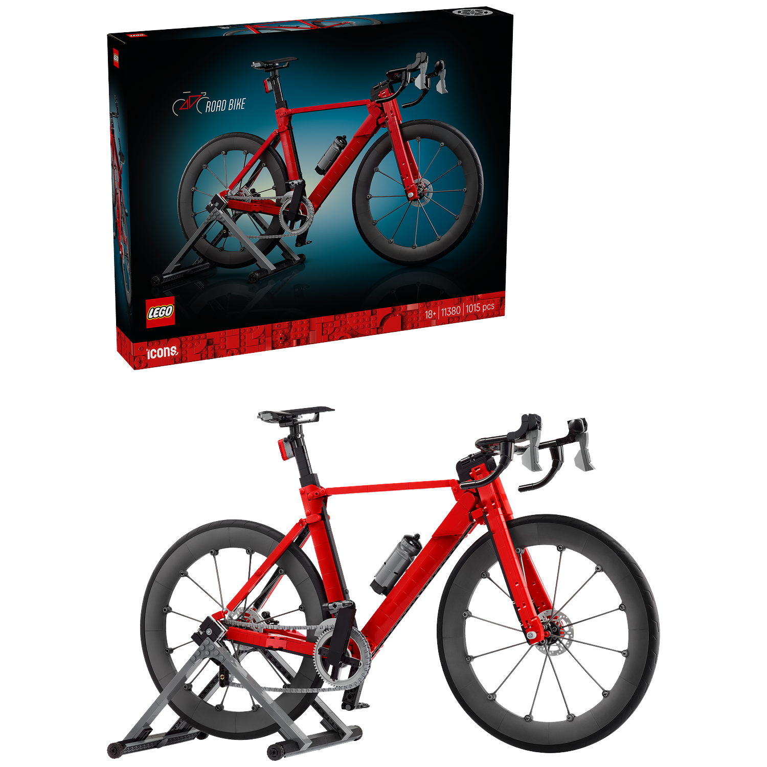 Een rode Lego racefiets op een standaard, naast de productverpakking.