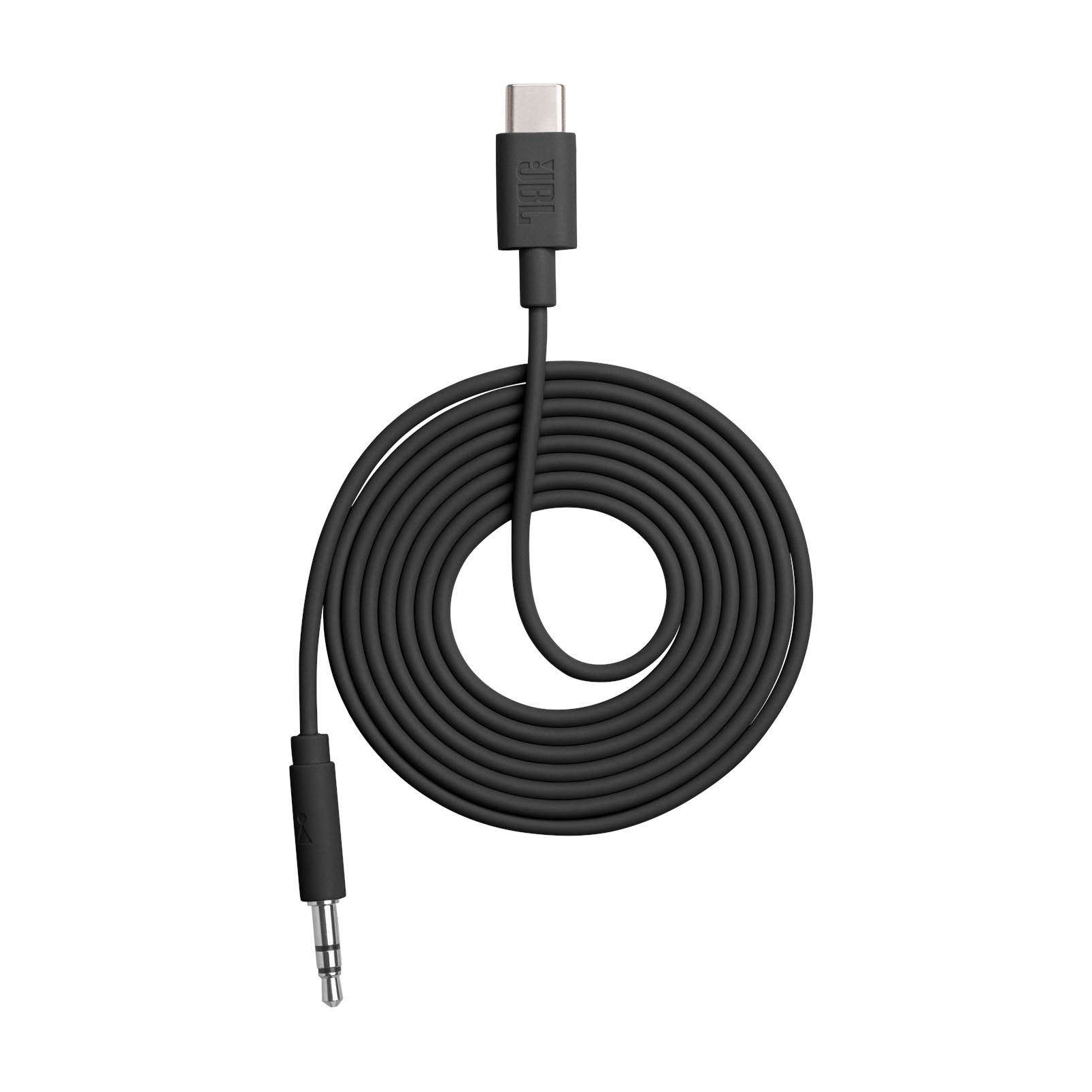 Schwarzes USB-C-auf-3,5-mm-Klinkenkabel, aufgerollt, mit JBL-Logo.