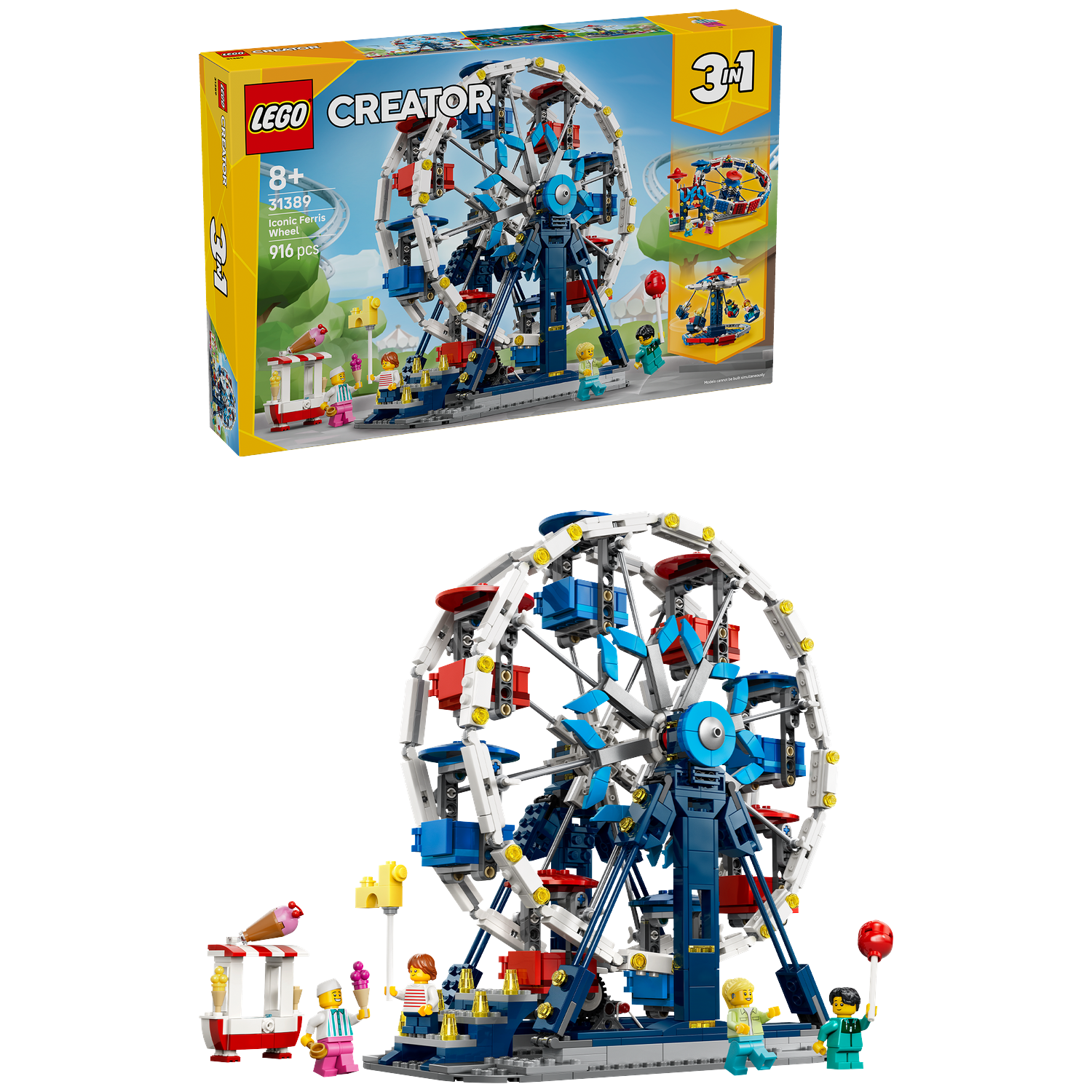 Een LEGO reuzenrad-speelset met minifiguren en een ijscokraam.
