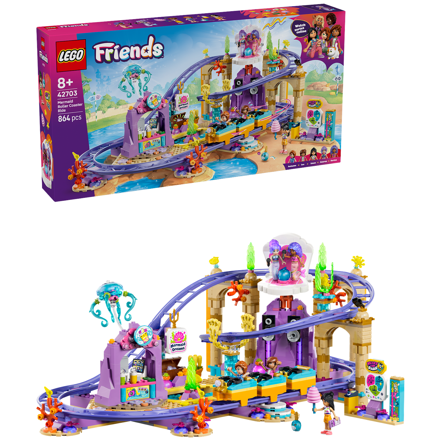 Lego Friends achtbaan met zeemeermin-thema in paarse en gouden kleuren.