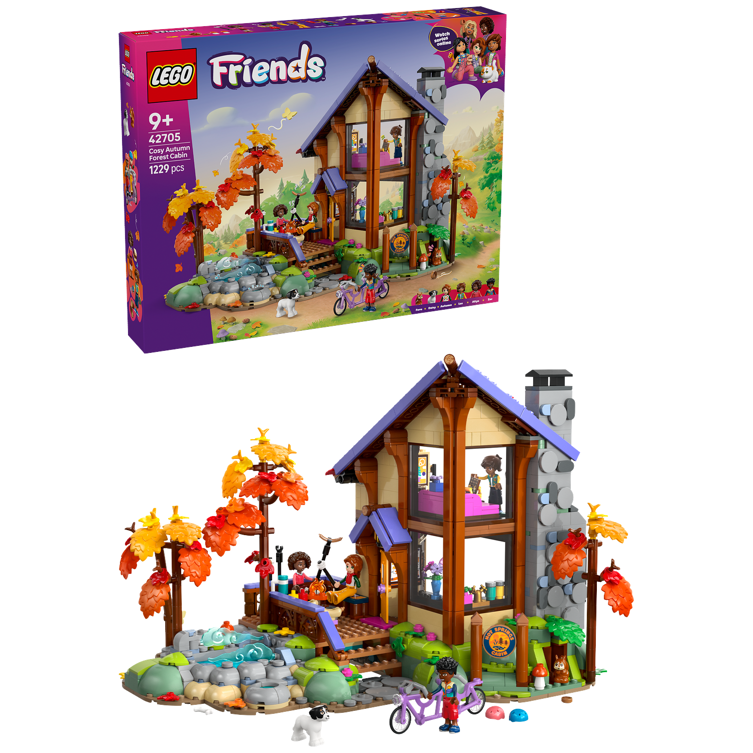 Lego Friends herfsthut met herfstbladeren, vijver en figuren.
