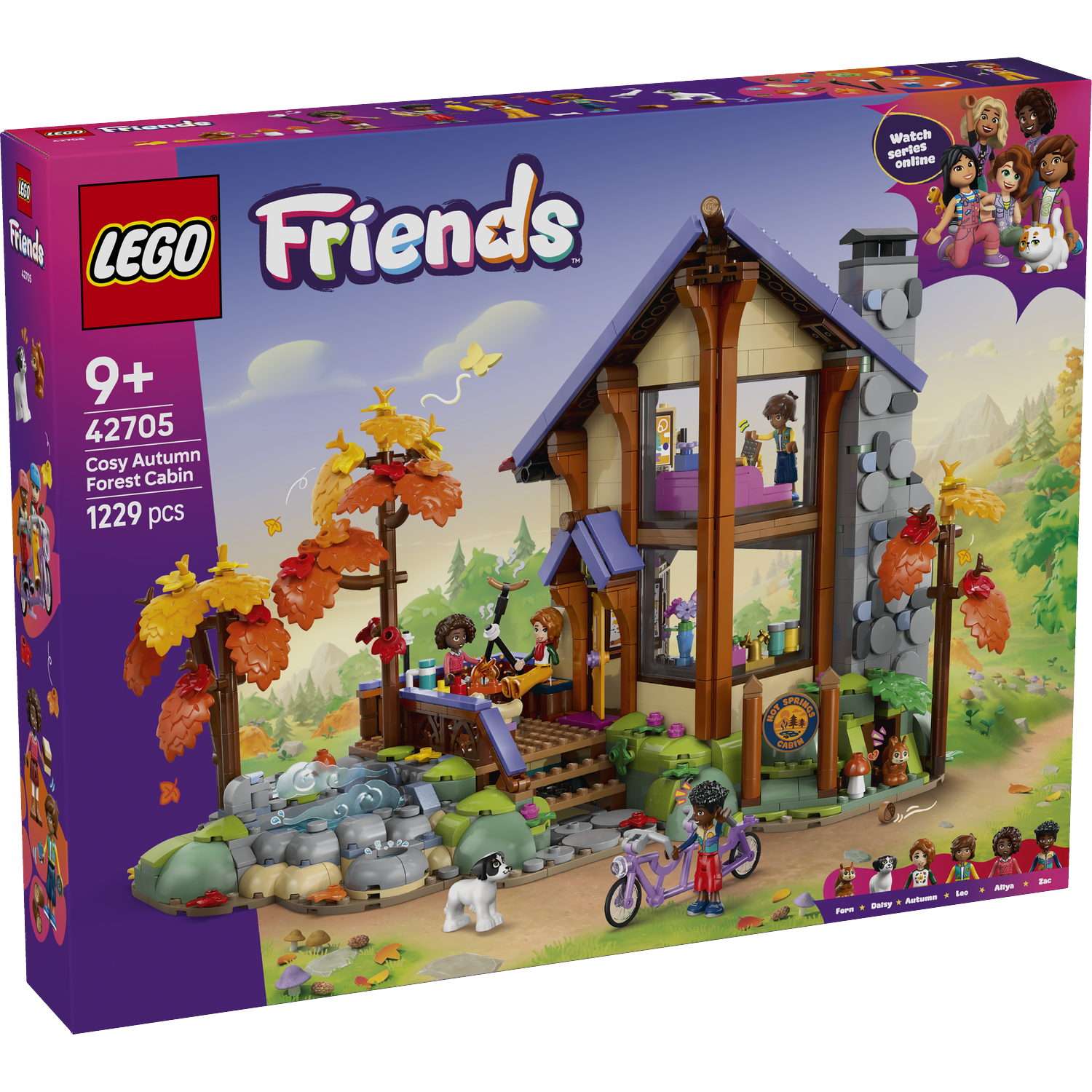 Lego Friends Gezellige Herfst Boshut set met figuren, hond, fiets en hut in natuur.