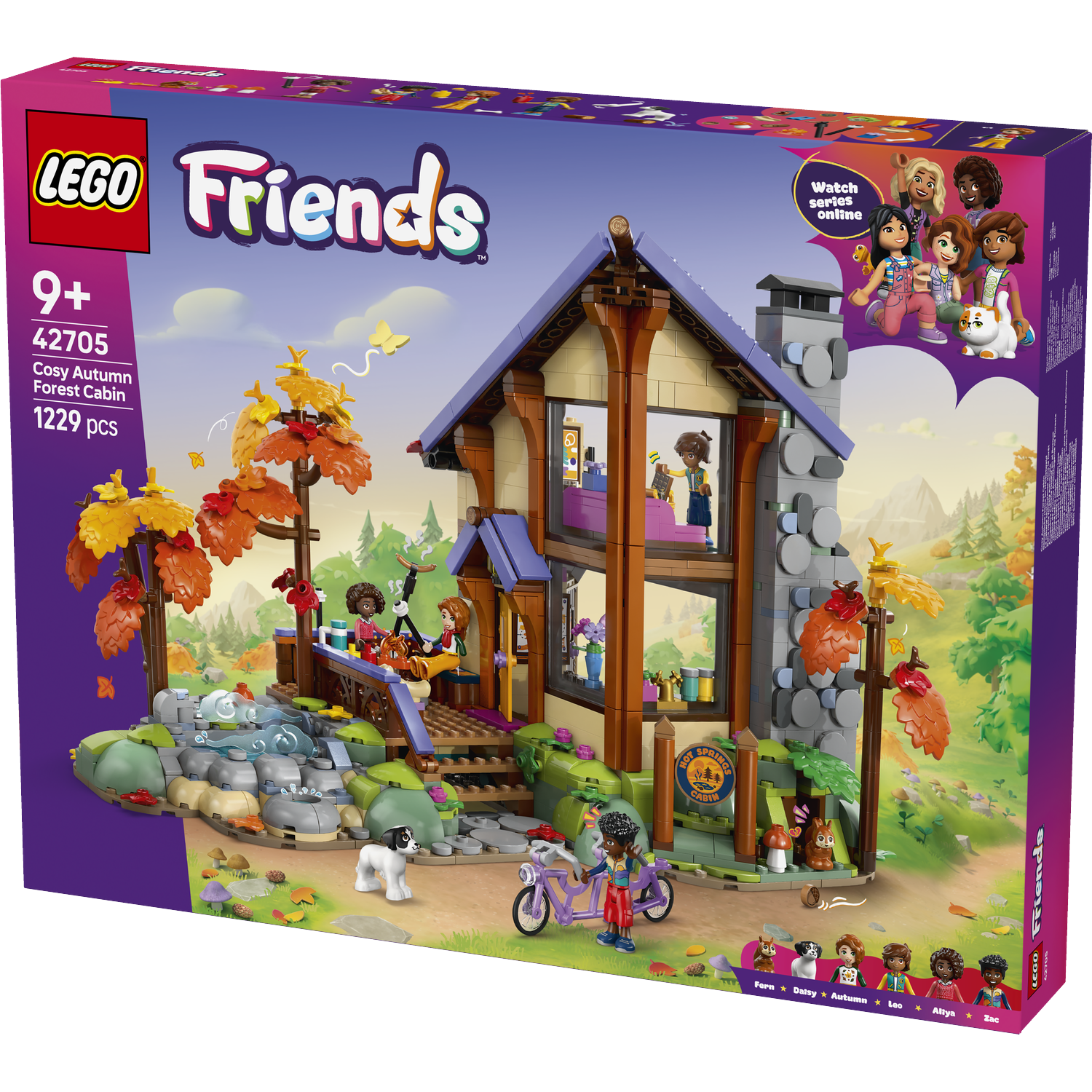 Lego Friends Gezellige Boshut Herfst set met figuren, dieren, hut en herfstbomen.