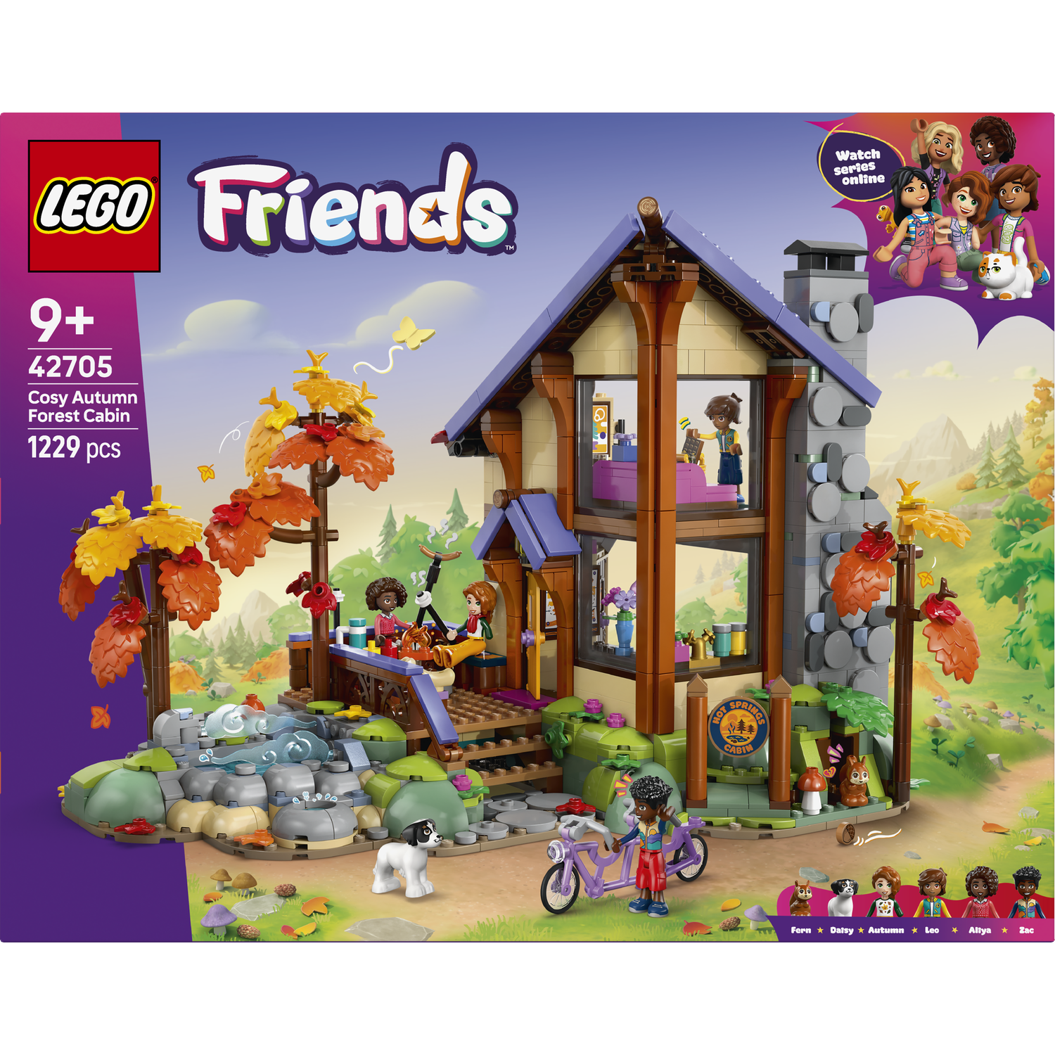 LEGO Friends herfstcabine met figuren, fiets, hond en herfstbladeren.