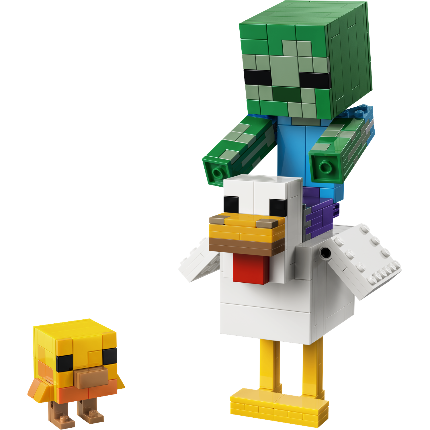 Een groene Lego zombie rijdt op een witte Lego kip. Een geel kuiken staat ernaast.