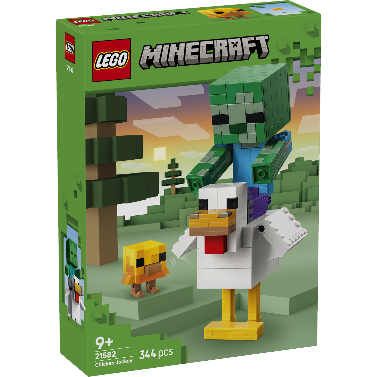 LEGO Minecraft set met een zombie die op een kip rijdt, met een kuiken in de buurt.