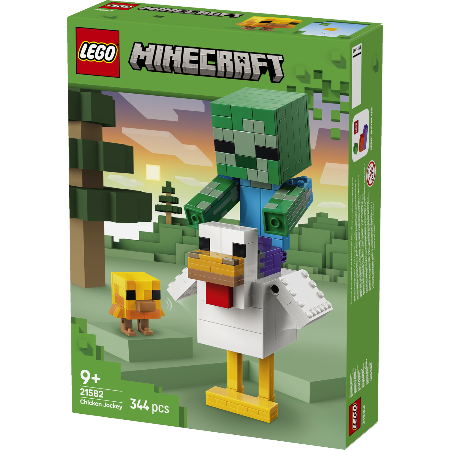 LEGO Minecraft Kippenjockey set met zombie op kip en kuiken.