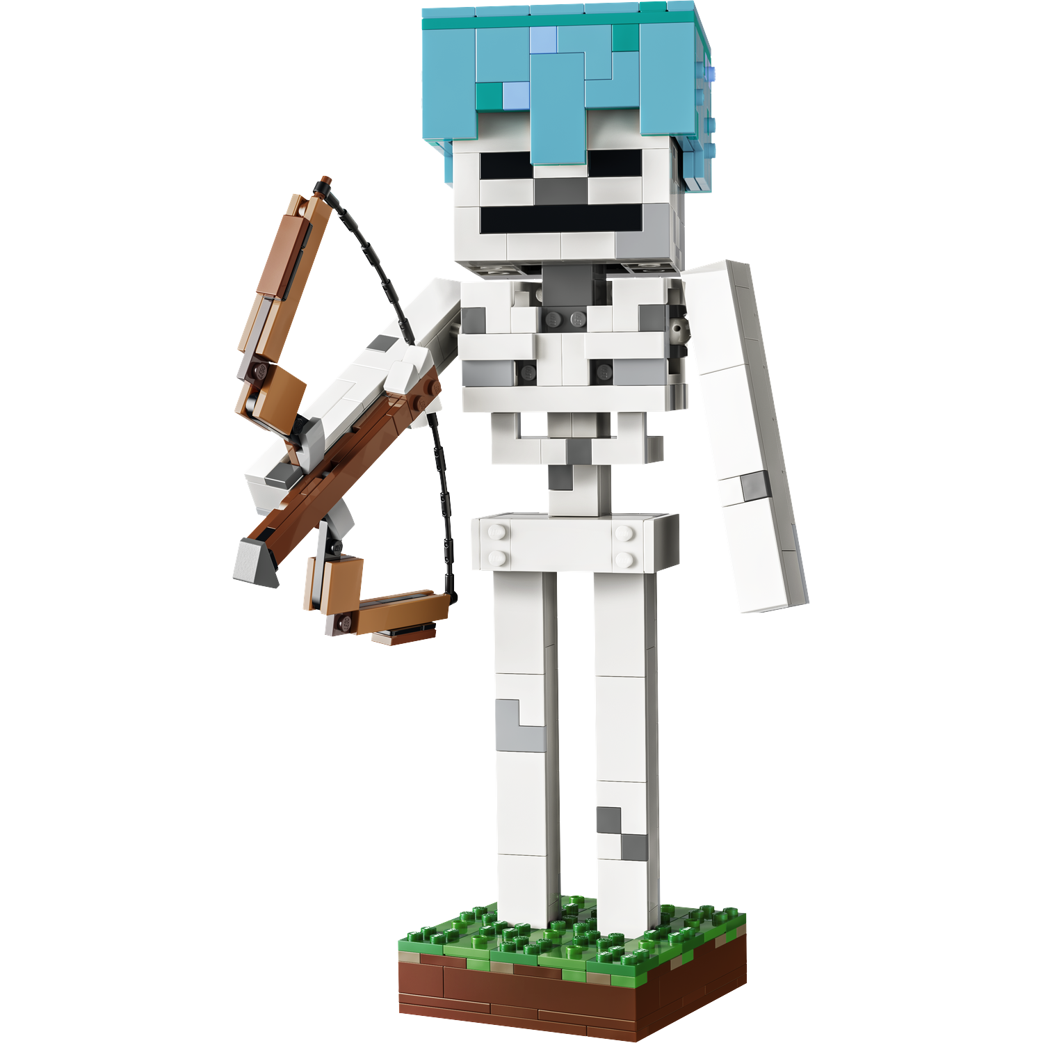 Een Lego skeletfiguur met blauw haar houdt een bruine boog en pijl vast.