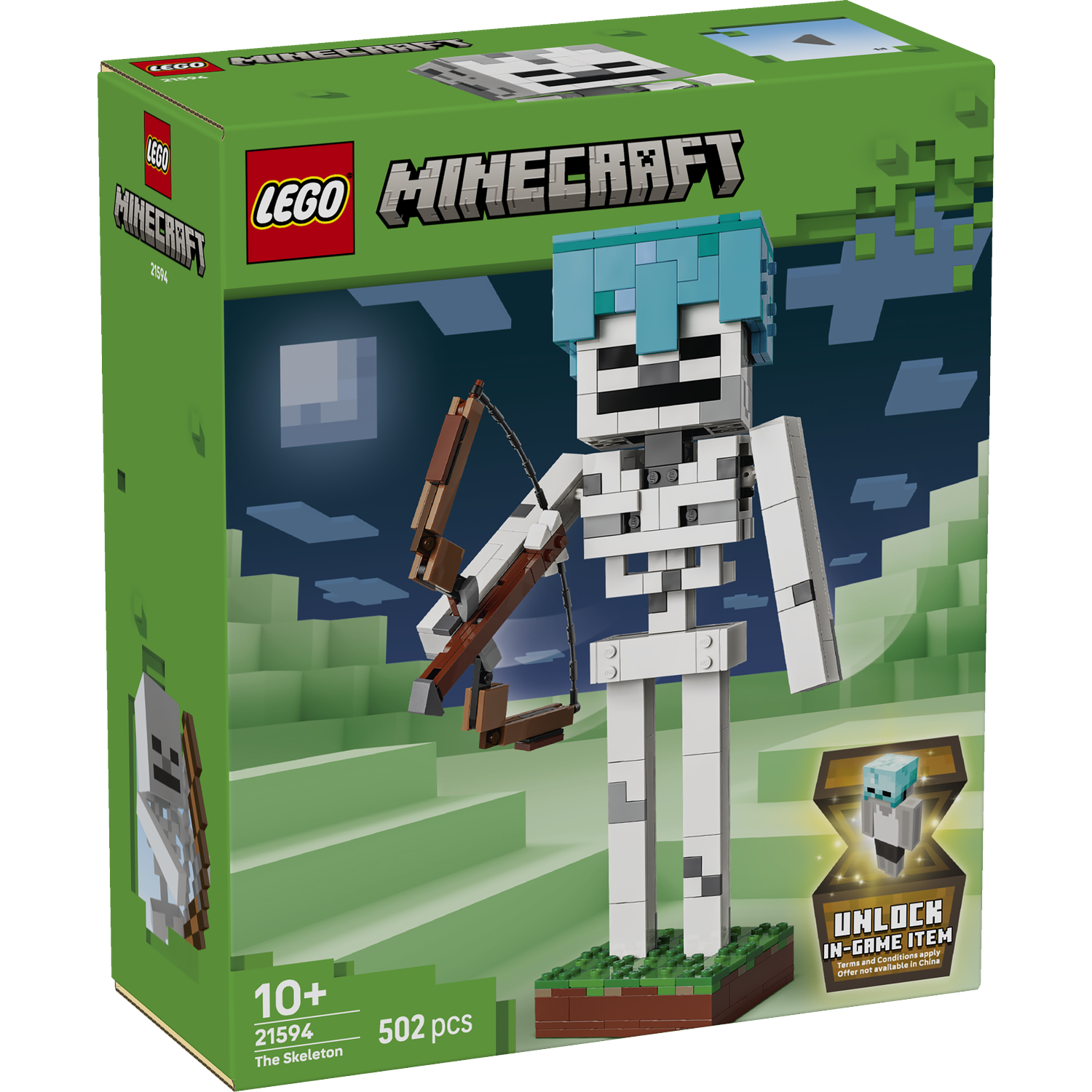 LEGO Minecraft "Het Skelet" set: Een groot skelet met blauw haar dat een boog vasthoudt.