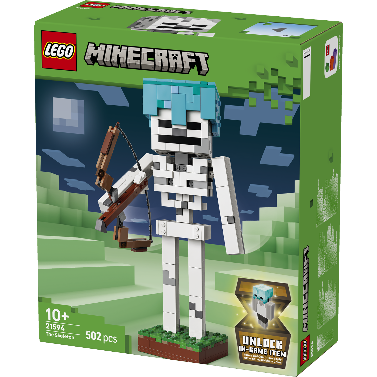LEGO Minecraft set met een skeletmodel met blauw haar en een boog.
