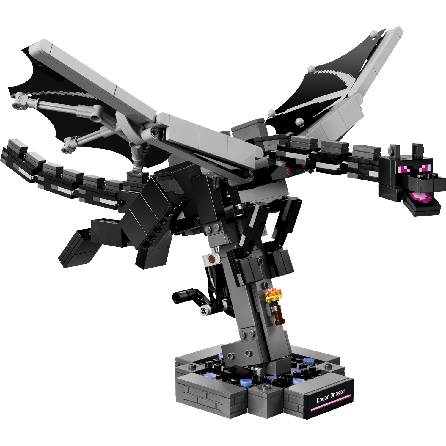 Een zwarte Lego Enderdraak met uitgestrekte vleugels, op een grijze voet.