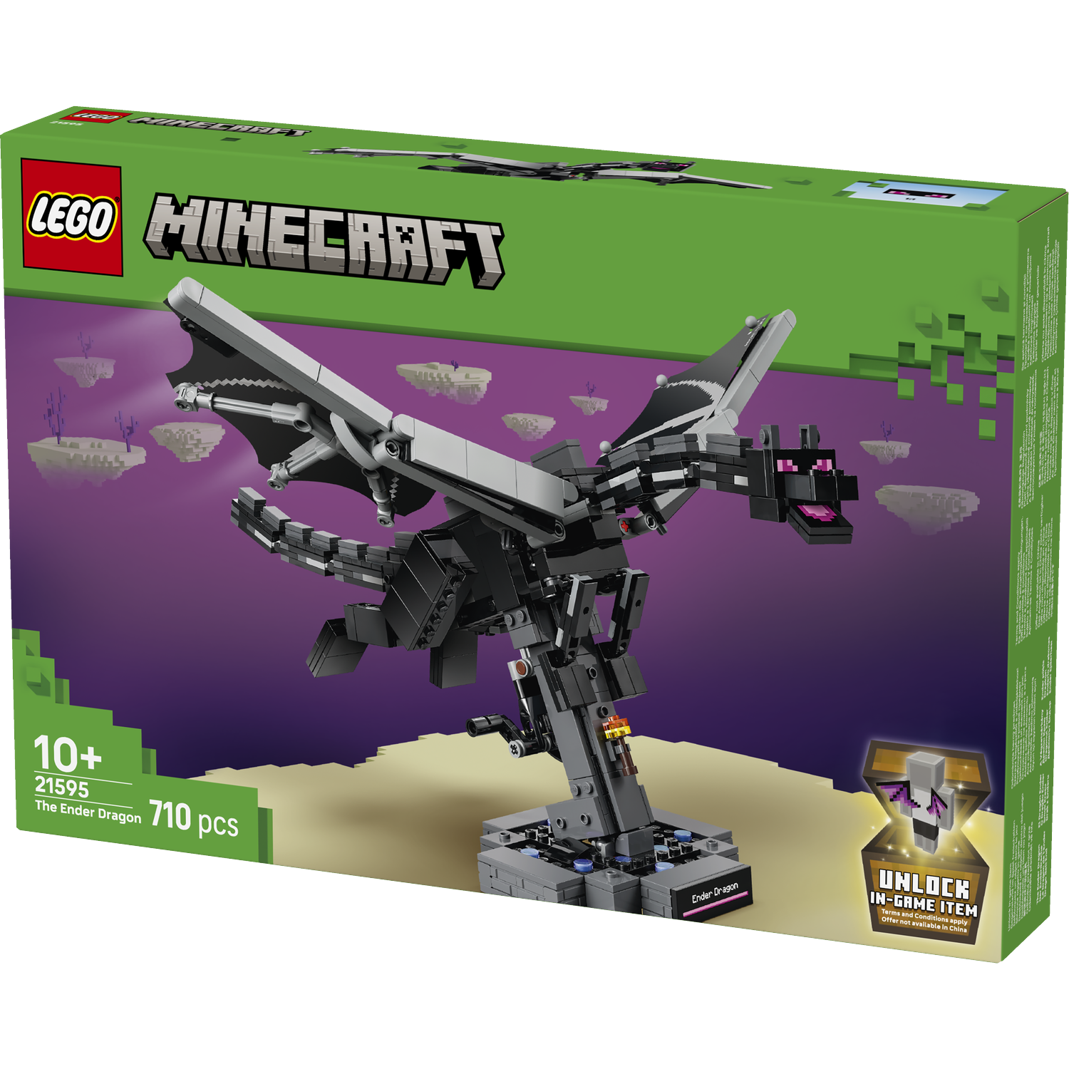 LEGO Minecraft Ender Draak set met 710 onderdelen op een sokkel, met zwevende eilanden.