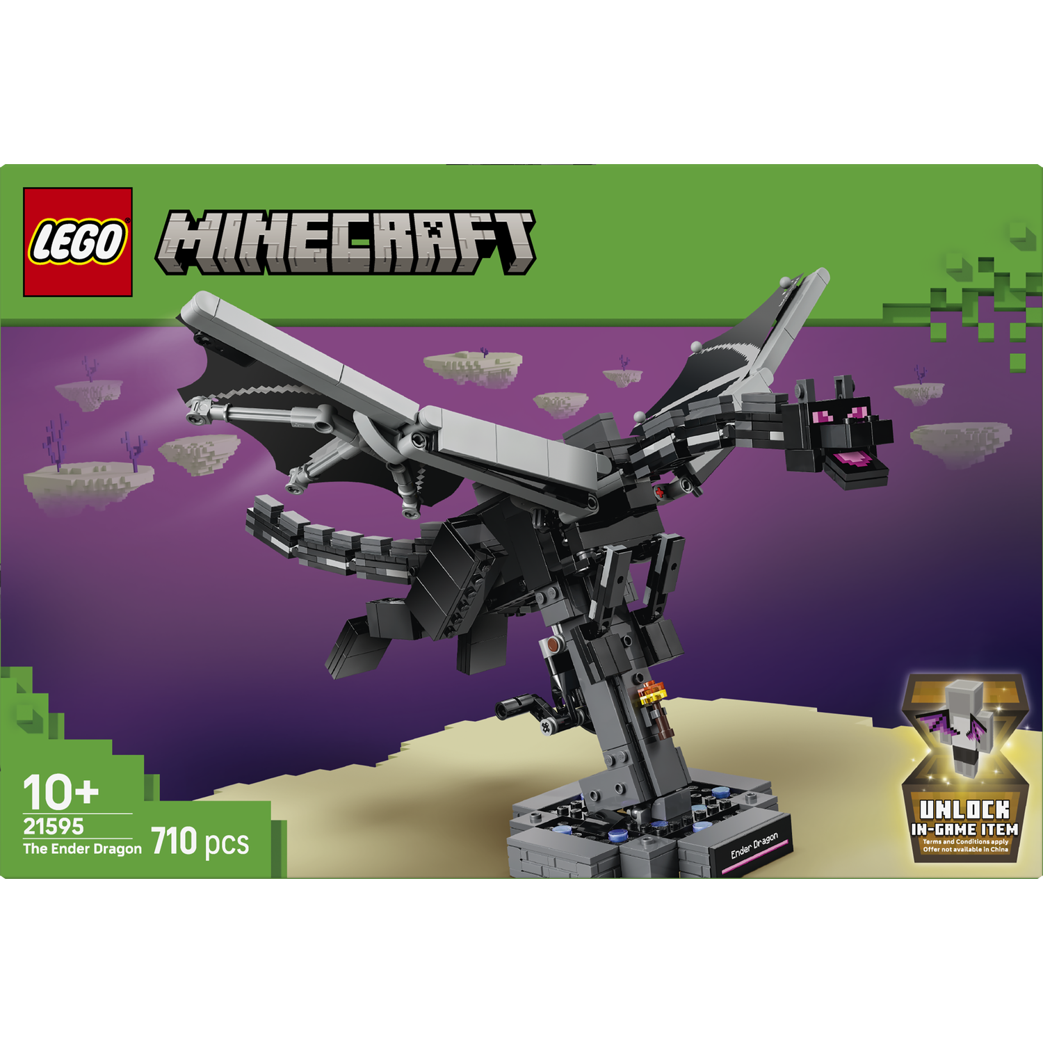 LEGO Minecraft Ender Dragon set met grijs-zwarte draak op display.