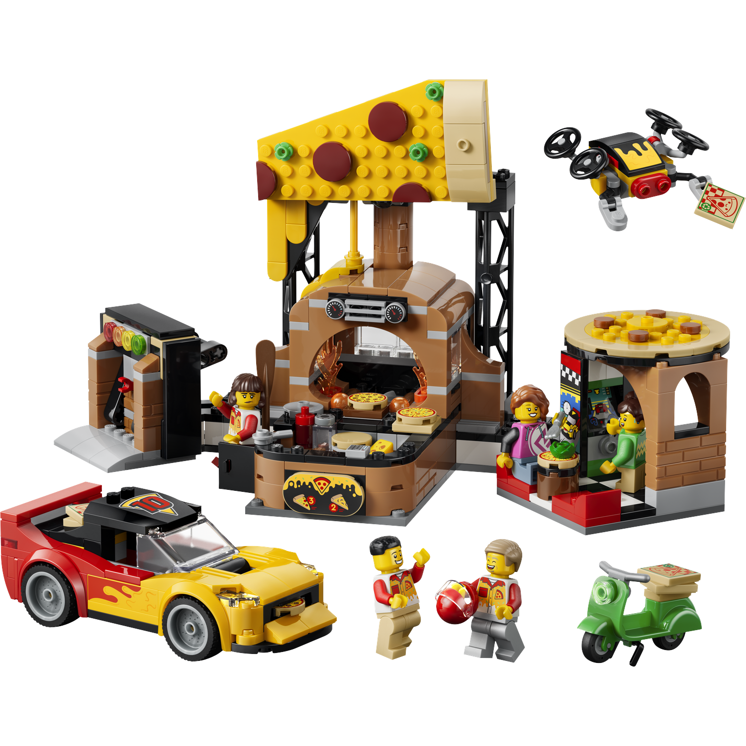 Lego pizza shop with car, scooter, drone, and minifigures.
