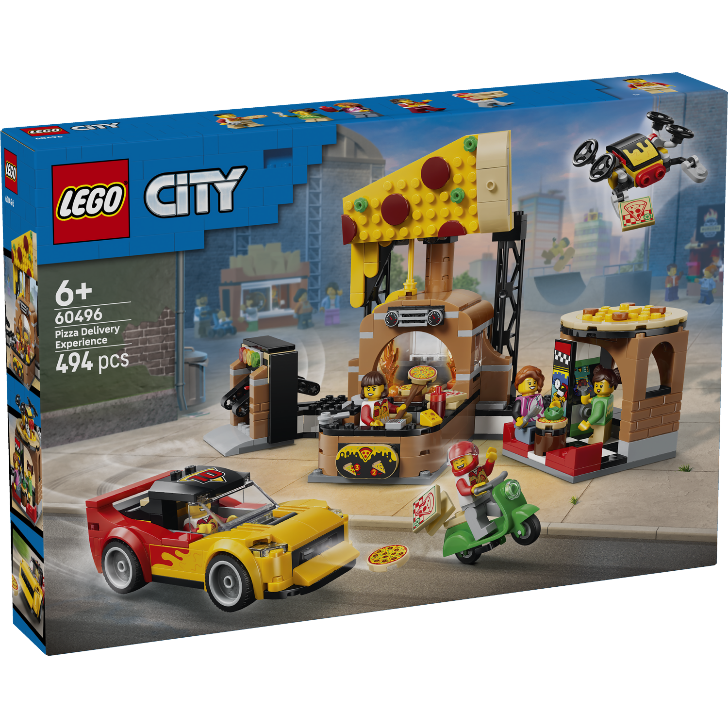 LEGO Pizza Delivery set with car, scooter, drone and pizza stand.