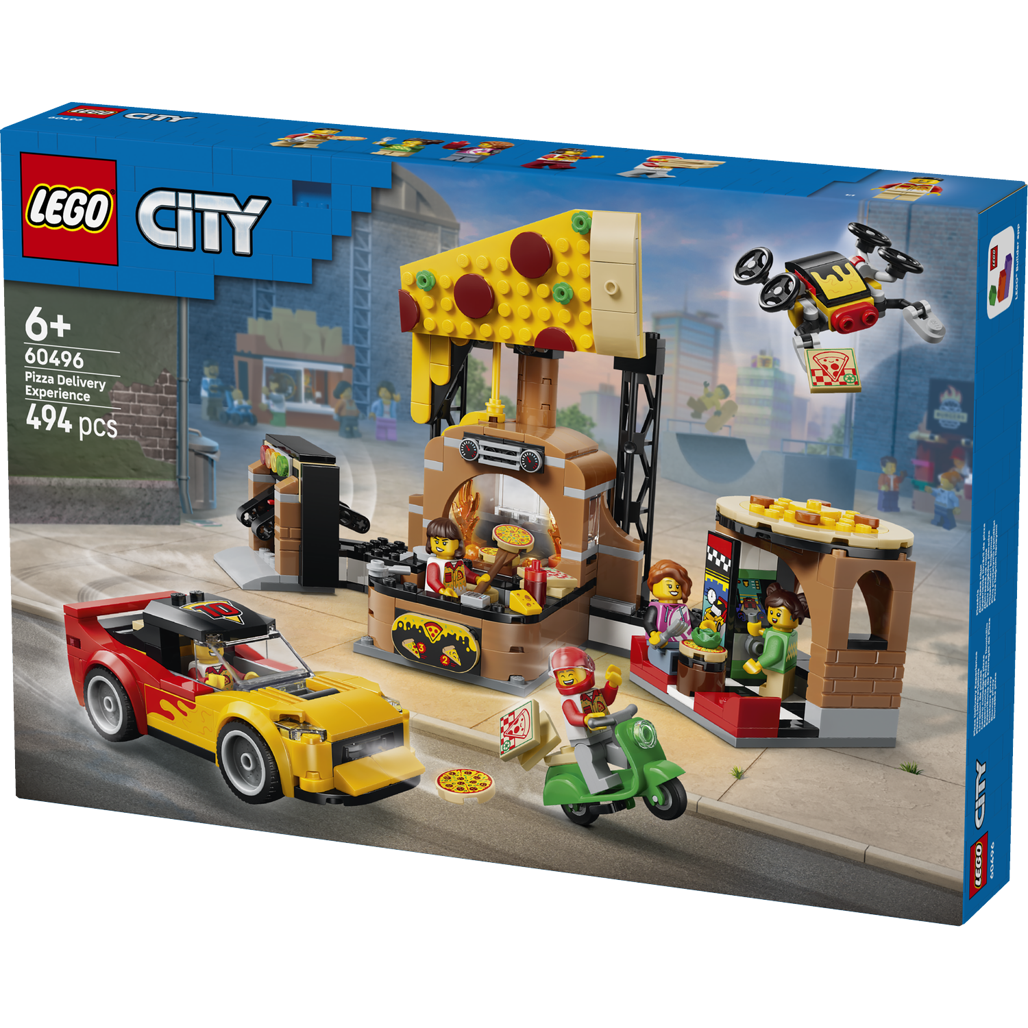 Lego City Pizza Delivery Experience set with figures, car, scooter, pizza stand, and drone.
