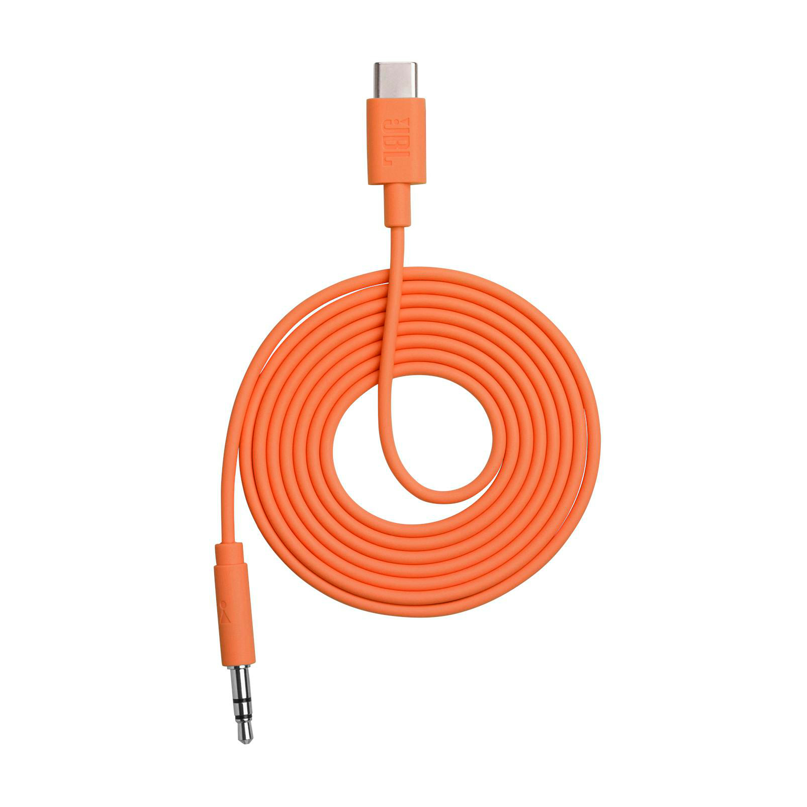 Ein oranges Kabel mit USB-C- und 3,5-mm-Anschlüssen, aufgerollt.