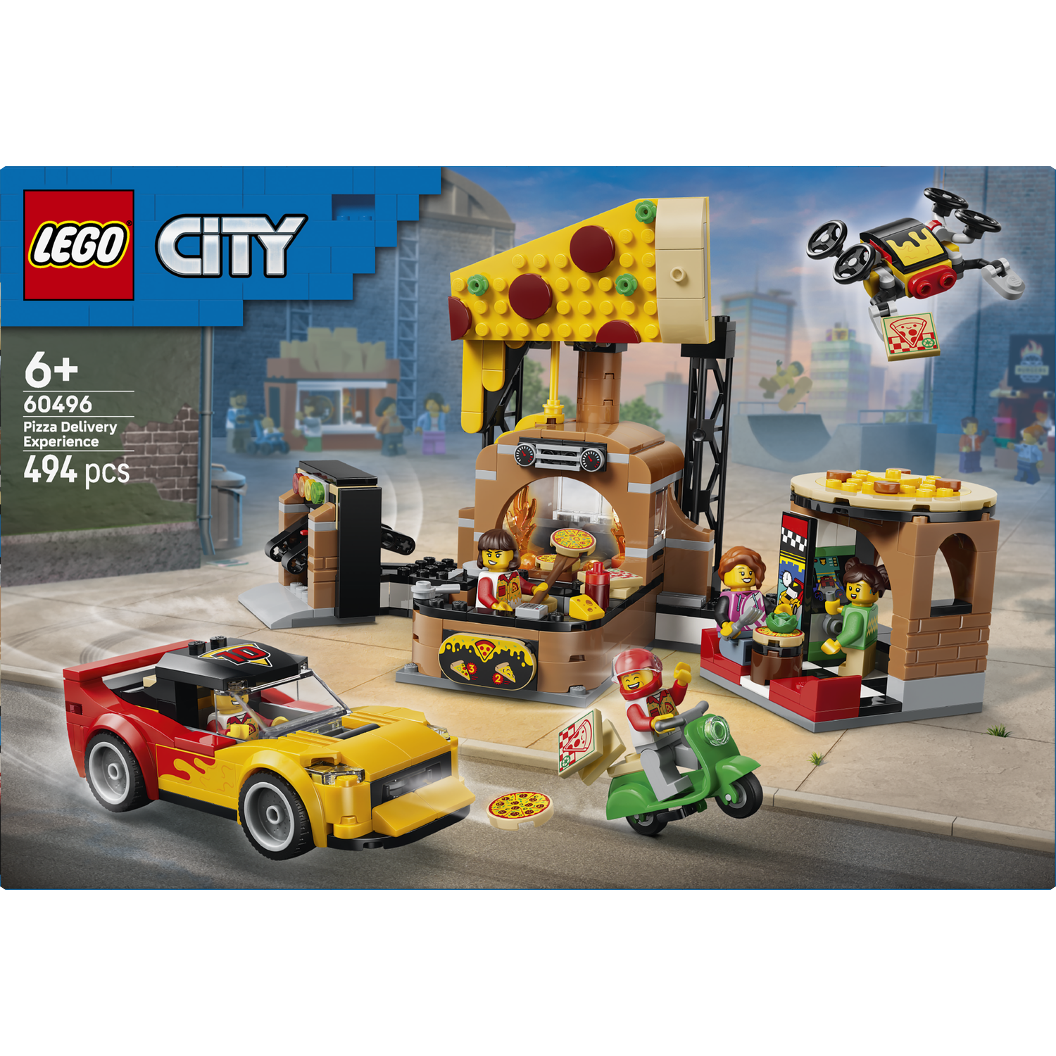 LEGO City Pizza Delivery with car, scooter, drone, and pizza stand.