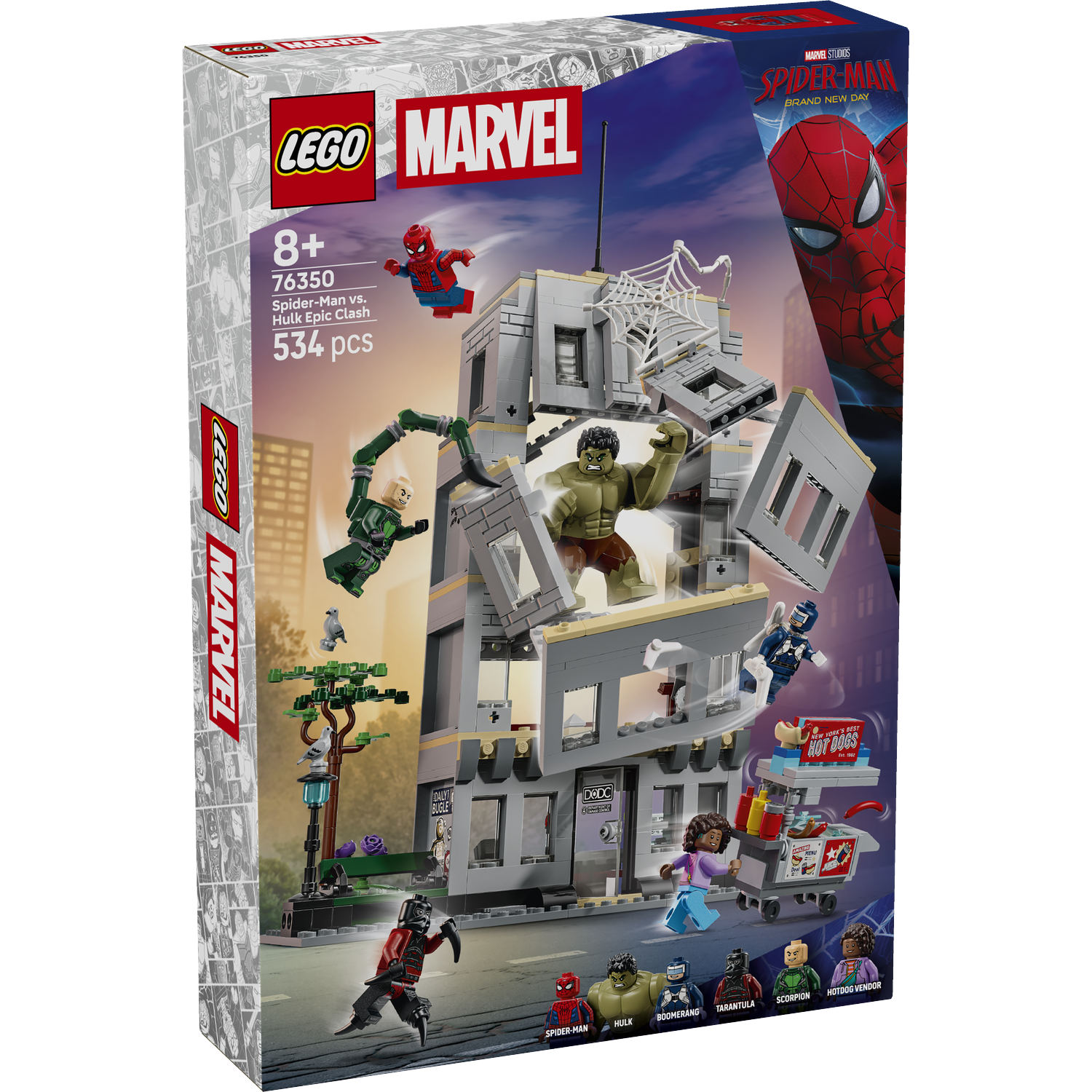 Legoset: Spider-Man vs Hulk vechten voor een gebouw met een hotdogkraam.