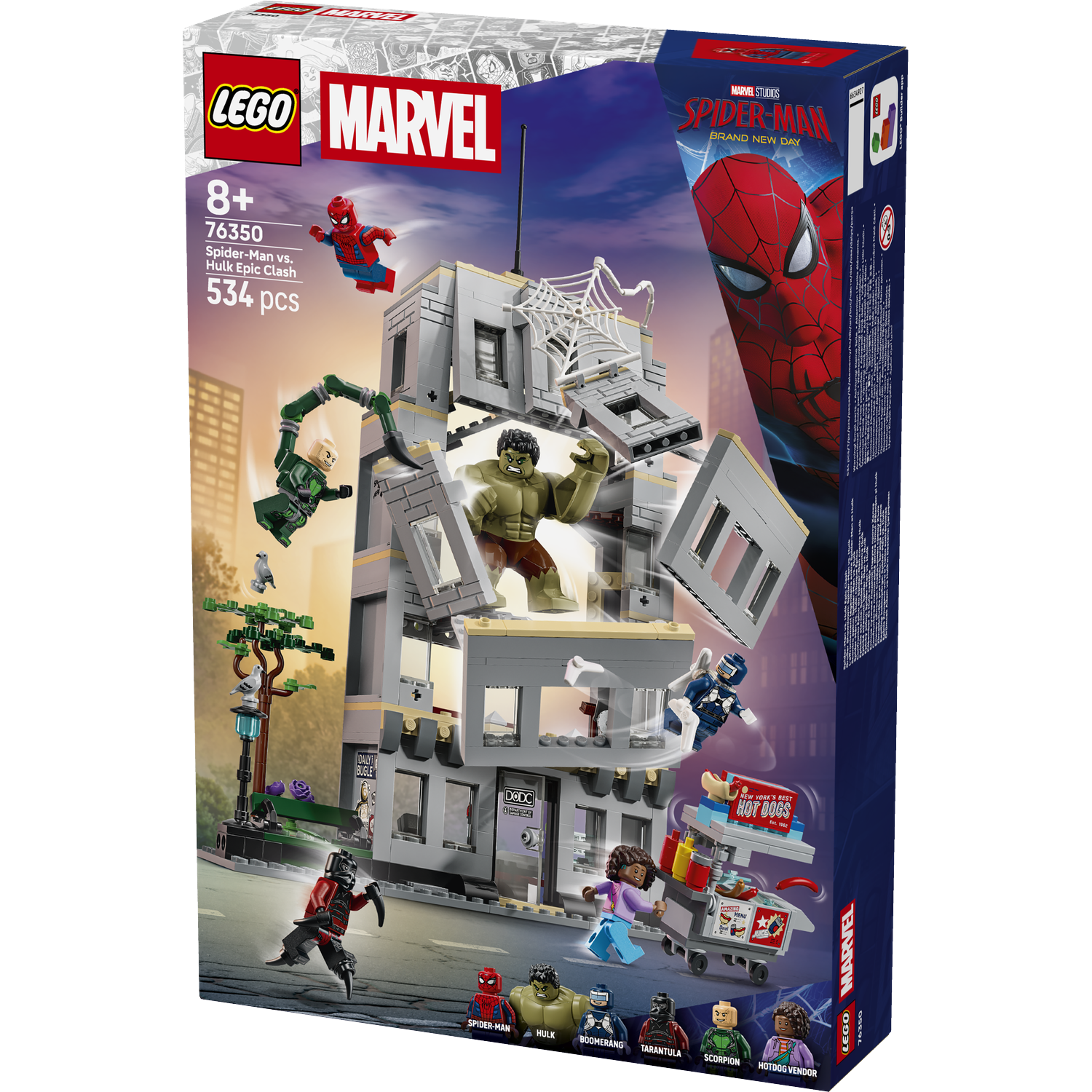 Lego Marvel set doos met Spider-Man, Hulk, Green Goblin, Ant-Man en anderen in gevecht.