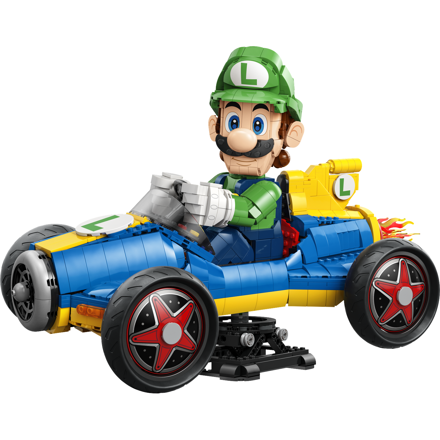Luigi in een LEGO raceauto, blauw met gele carrosserie, rode wielen.