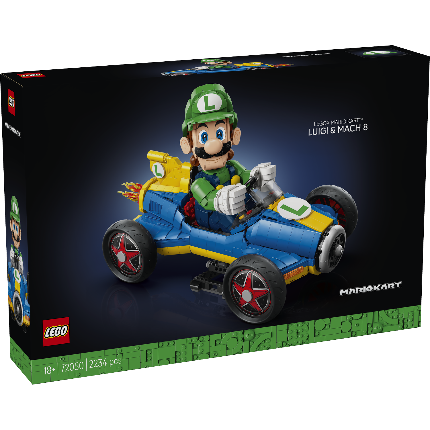 LEGO Mario Kart Luigi & Mach 8 doos met Luigi in een blauwe en gele kart.