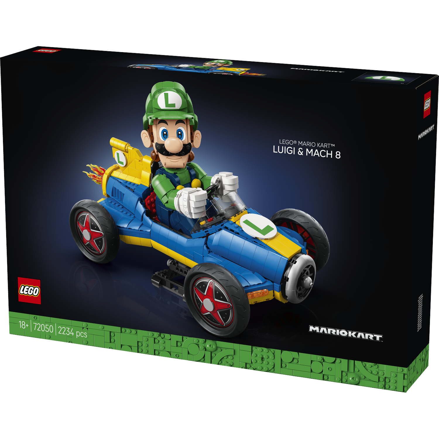 LEGO Mario Kart Luigi & Mach 8 box art. Luigi bestuurt een blauwe en gele kart met vlamdetails.