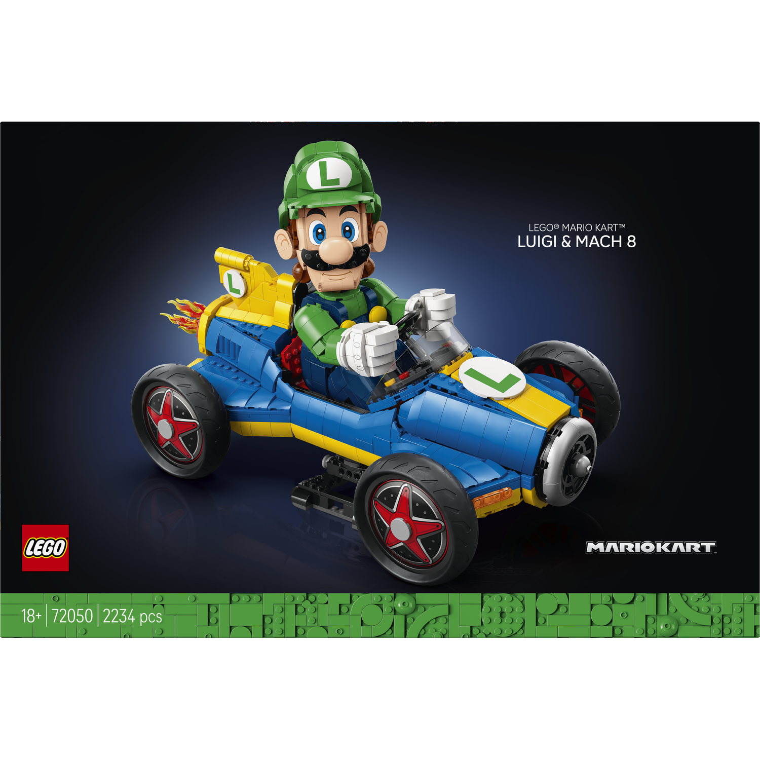Luigi in een blauwe en gele Lego raceauto met vlammen achteraan.